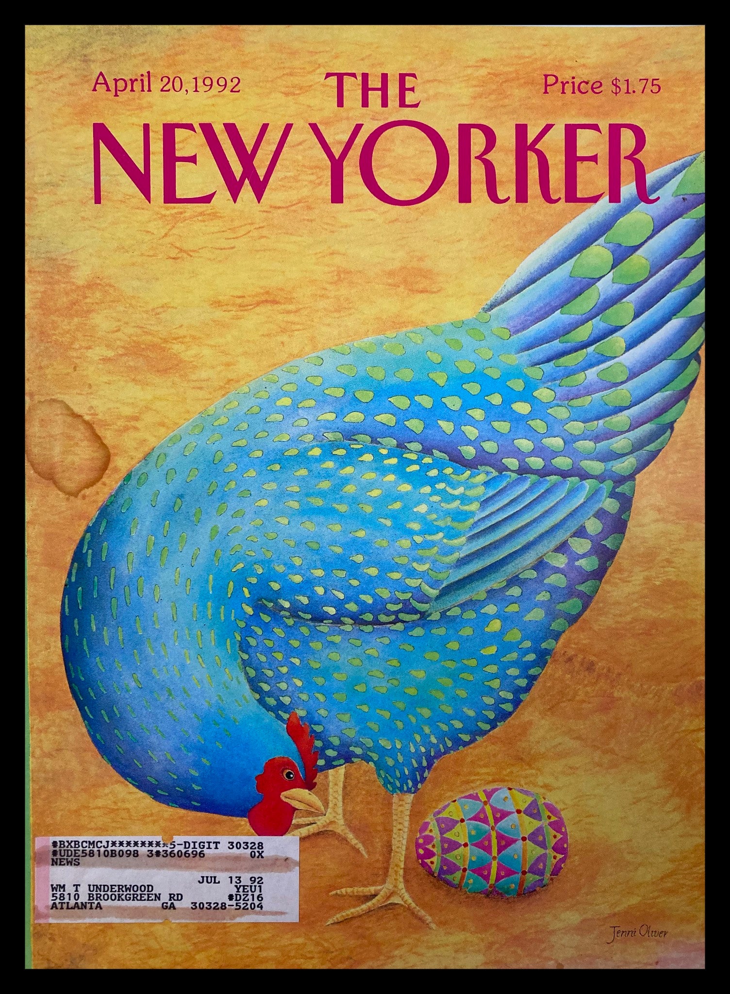 COVER ONLY The New Yorker April 20 1992 Laying Egg by Jenni Oliver