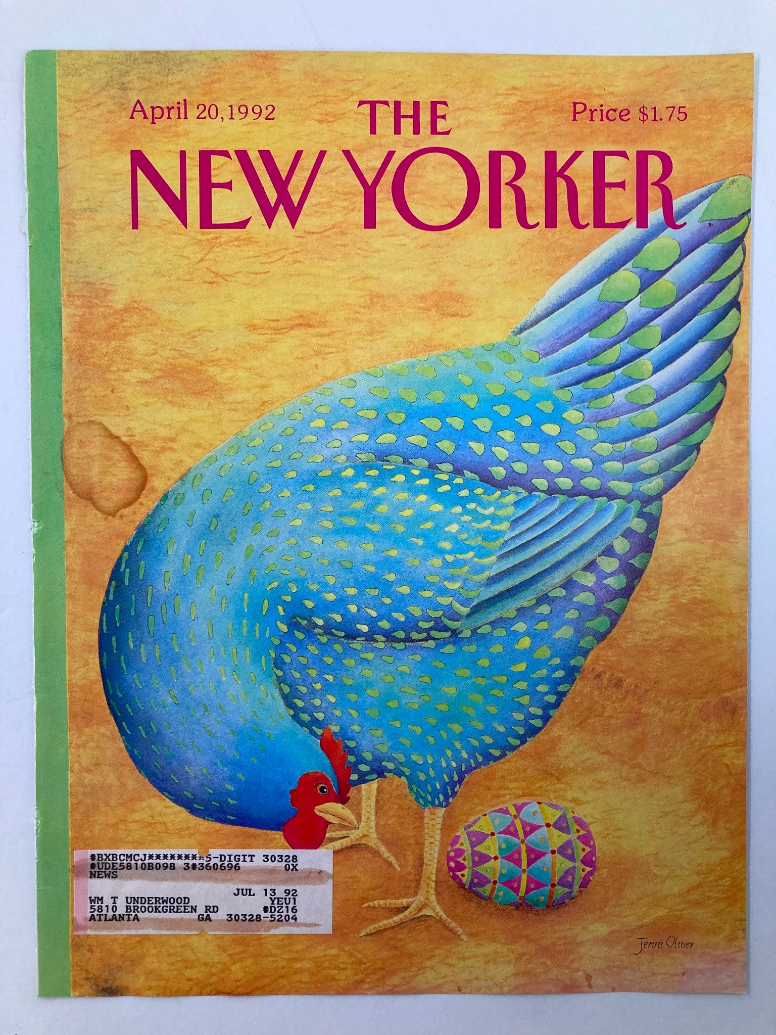 COVER ONLY The New Yorker April 20 1992 Laying Egg by Jenni Oliver