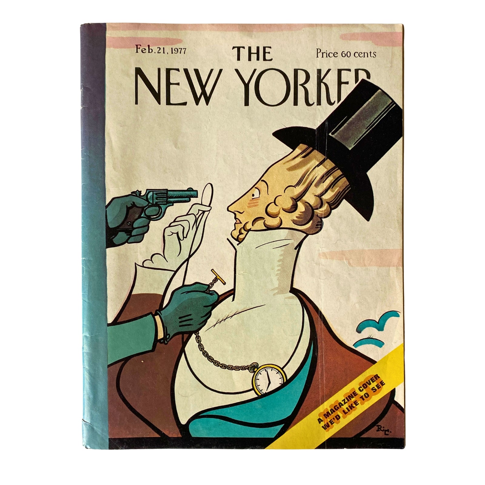 Cover of The New Yorker magazine dated February 21, 1977, illustrated with a character in a top hat pointing a gun at a figure, reflecting satirical artistry typical of the era.
