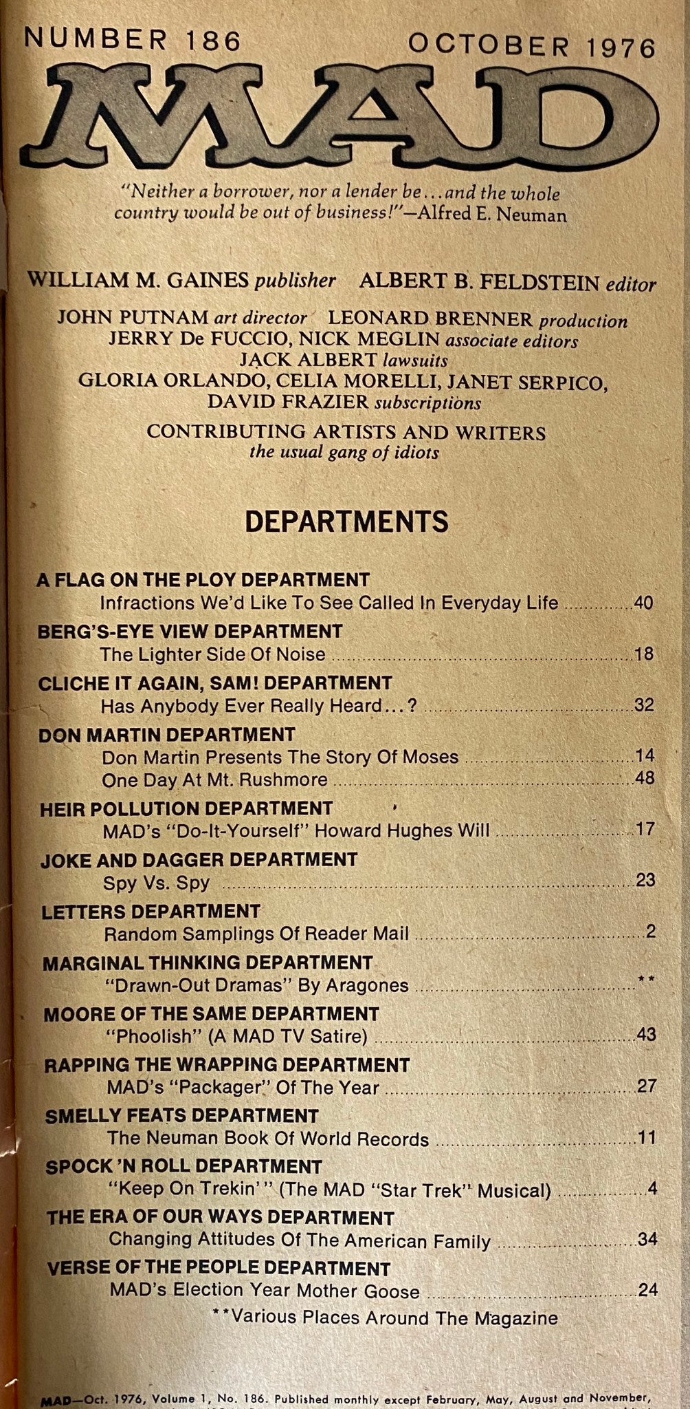 Contents page of Mad Magazine October 1976 No. 186, outlining various departments including the Star Trek musical parody and notable contributors to this issue.