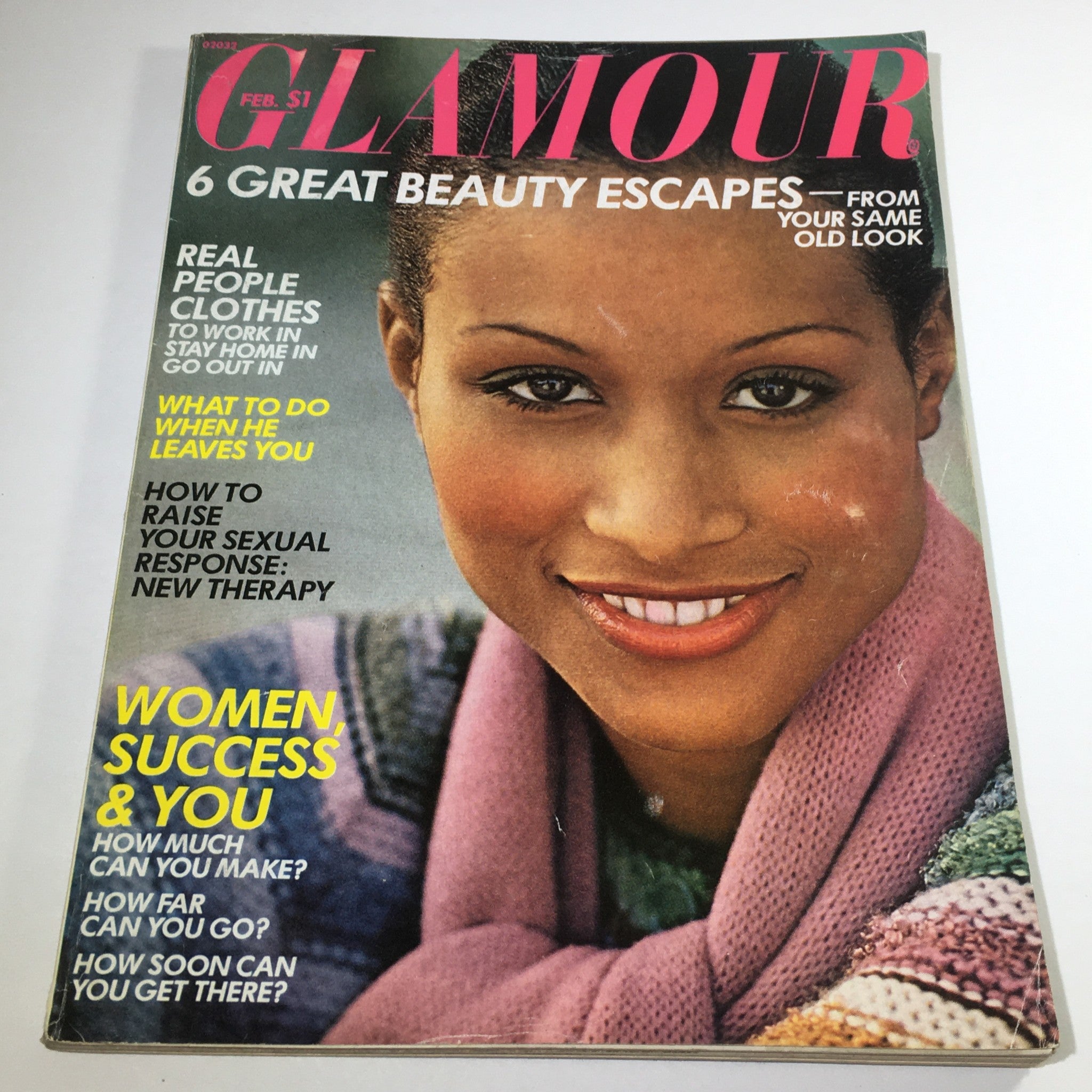 VTG Glamour Magazine: February 1975 cover featuring Beverly Johnson, showcasing 1970s fashion and beauty trends.