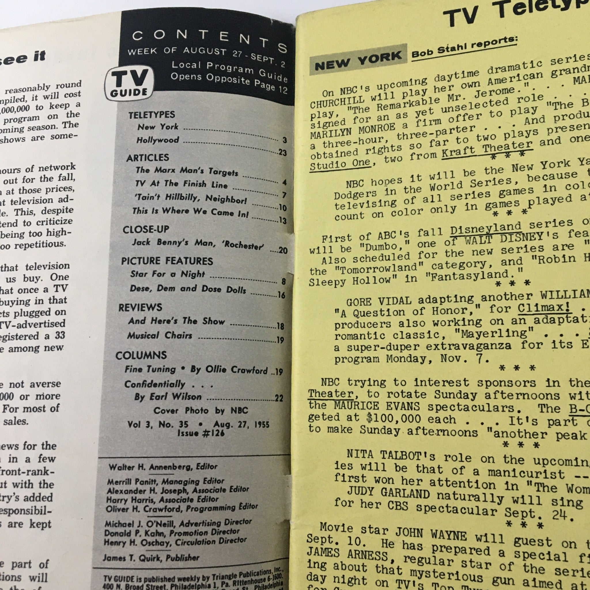 Contents page of TV Guide Magazine from August 27, 1955, highlighting articles and teletypes including a feature on celebrity guests.