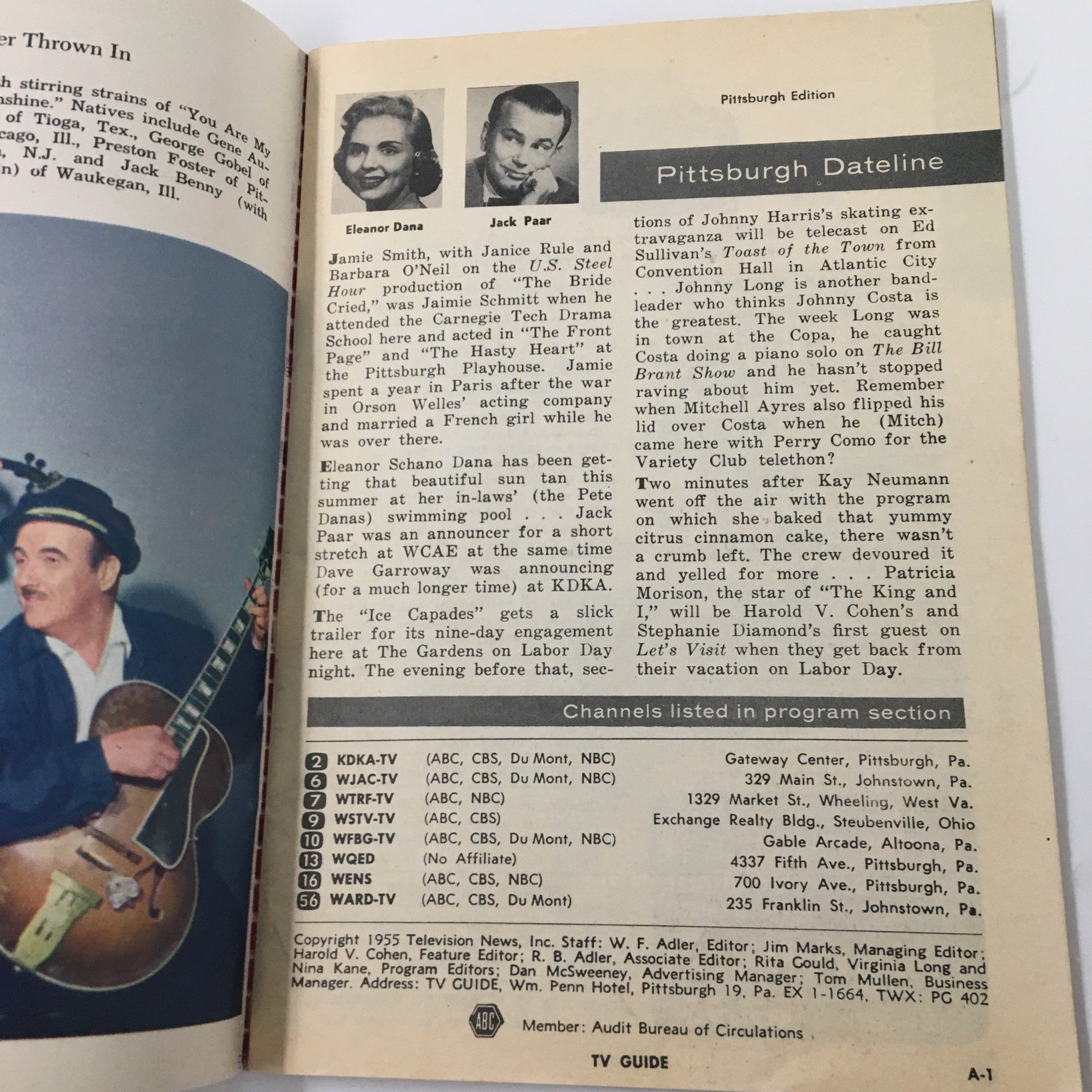 Pittsburgh dateline section of TV Guide Magazine dated August 27, 1955, featuring local programming and notable personalities such as Eleanor Dana and Jack Paar.