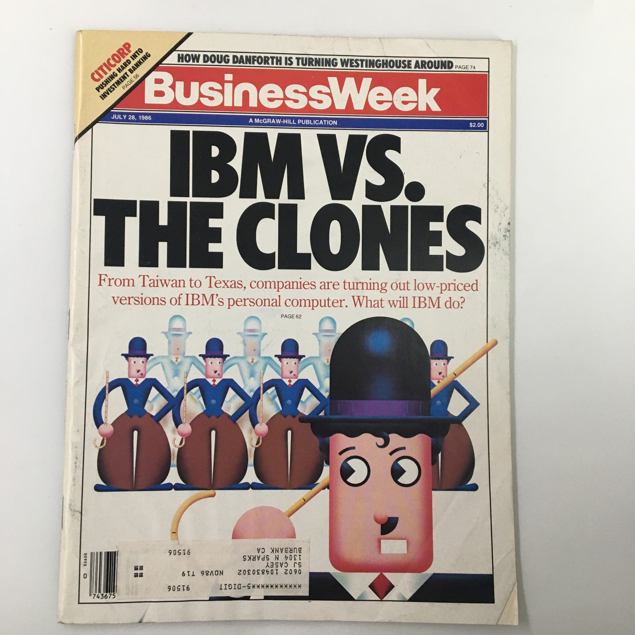 Cover of Business Week Magazine, July 28, 1986 issue, featuring the story 'IBM vs. The Clones: From Taiwan to Texas,' exploring competition in the computer industry.