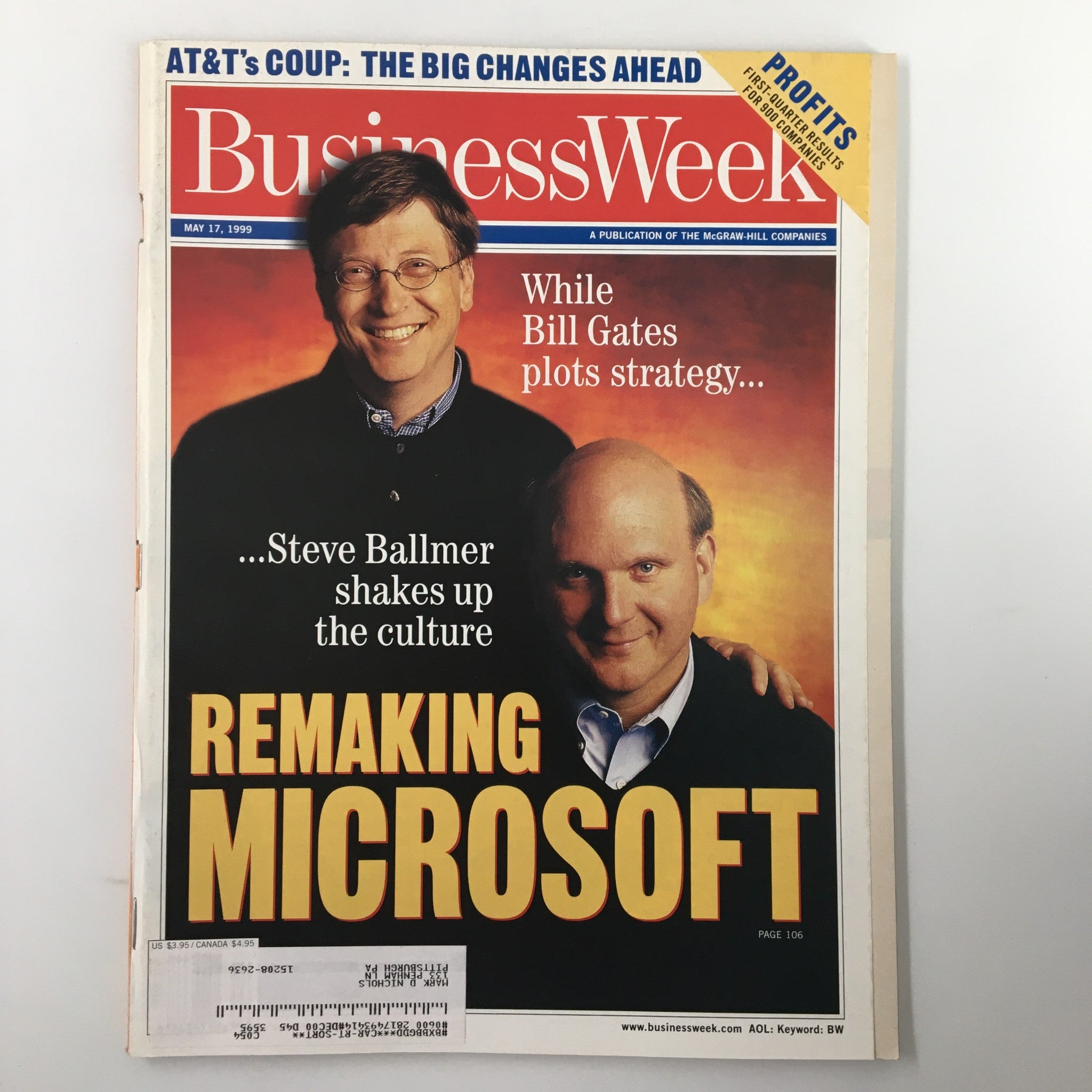 Cover of Business Week Magazine, May 17, 1999 issue, featuring Bill Gates and Steve Ballmer with the headline 'Remaking Microsoft,' highlighting changes and leadership at the tech giant.