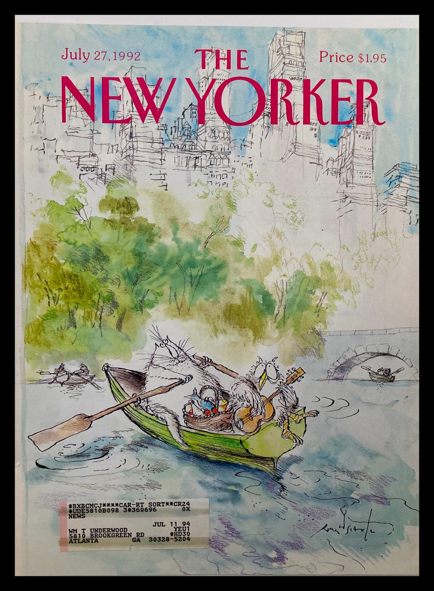 COVER ONLY The New Yorker July 27 1992 Cat and Owl Boat by Ronald Searle