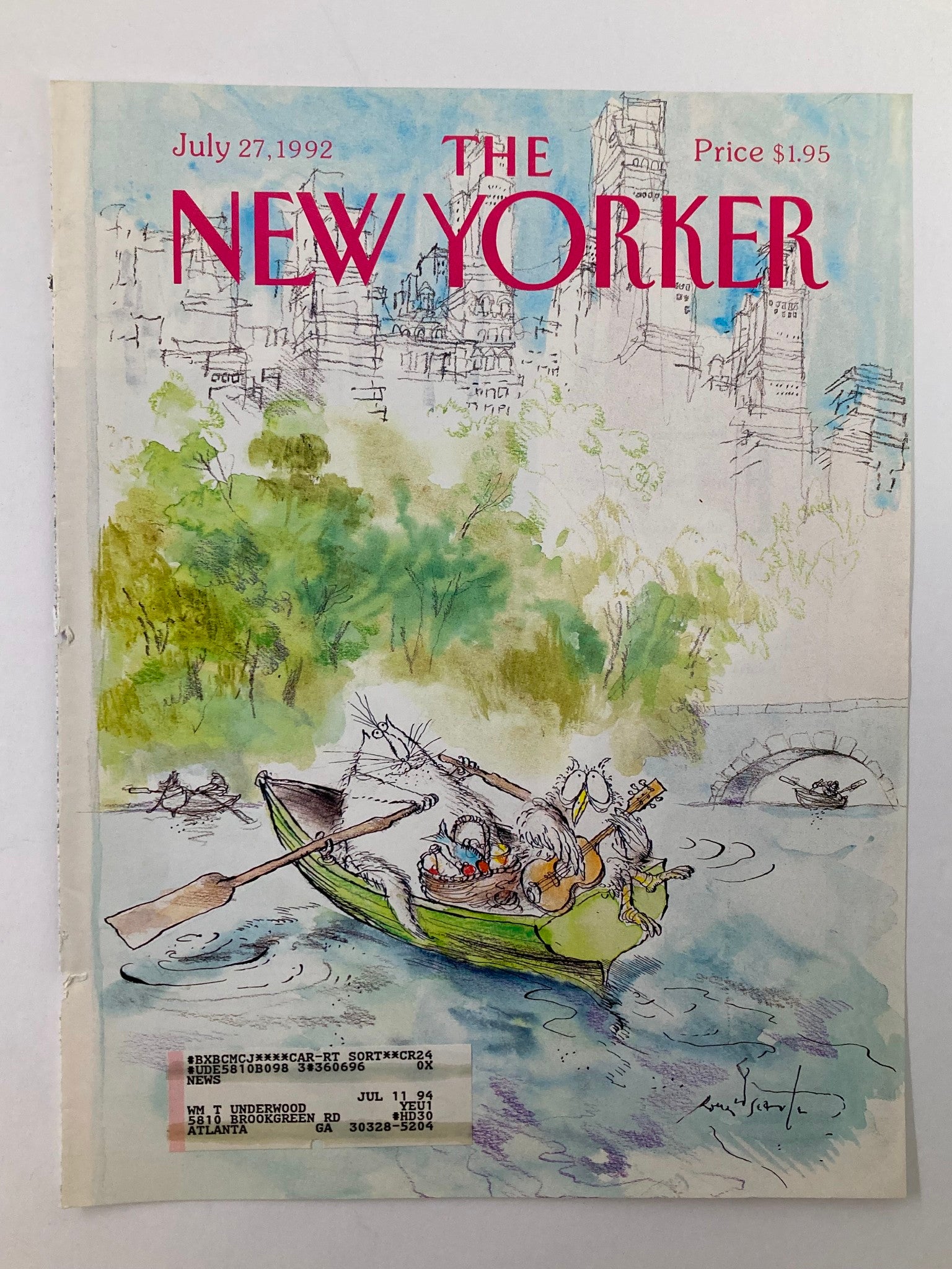 COVER ONLY The New Yorker July 27 1992 Cat and Owl Boat by Ronald Searle