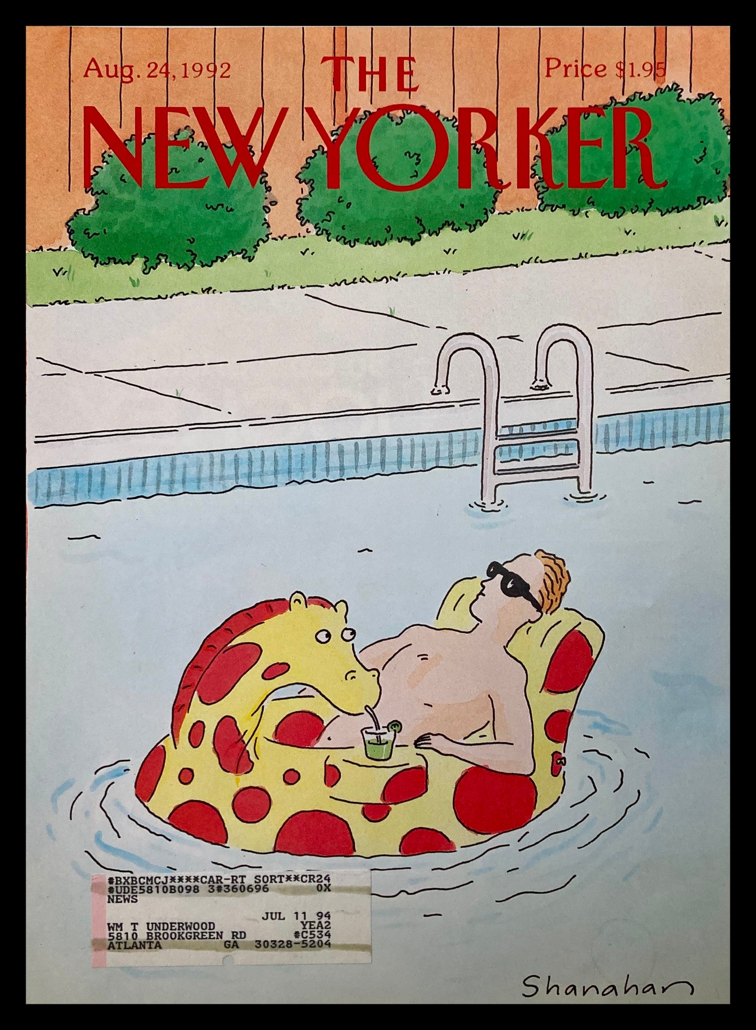 COVER ONLY The New Yorker August 24 1992 Pool Float by Danny Shanahan