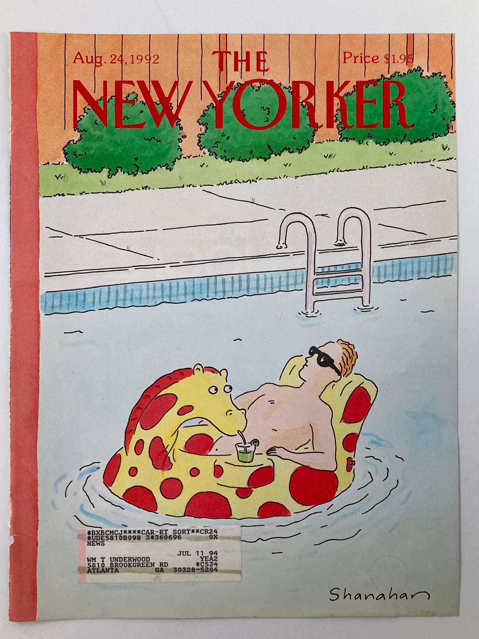 COVER ONLY The New Yorker August 24 1992 Pool Float by Danny Shanahan