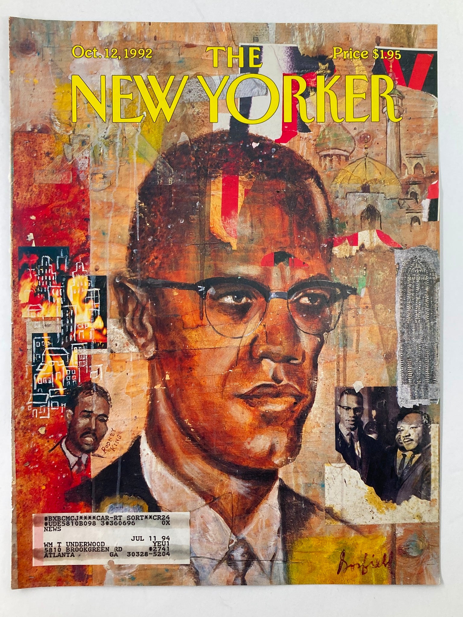 COVER ONLY The New Yorker October 12 1992 with a striking illustration of Minister Malcolm X by Josh Gosfield, highlighting significant themes of social justice and the legacy of civil rights.