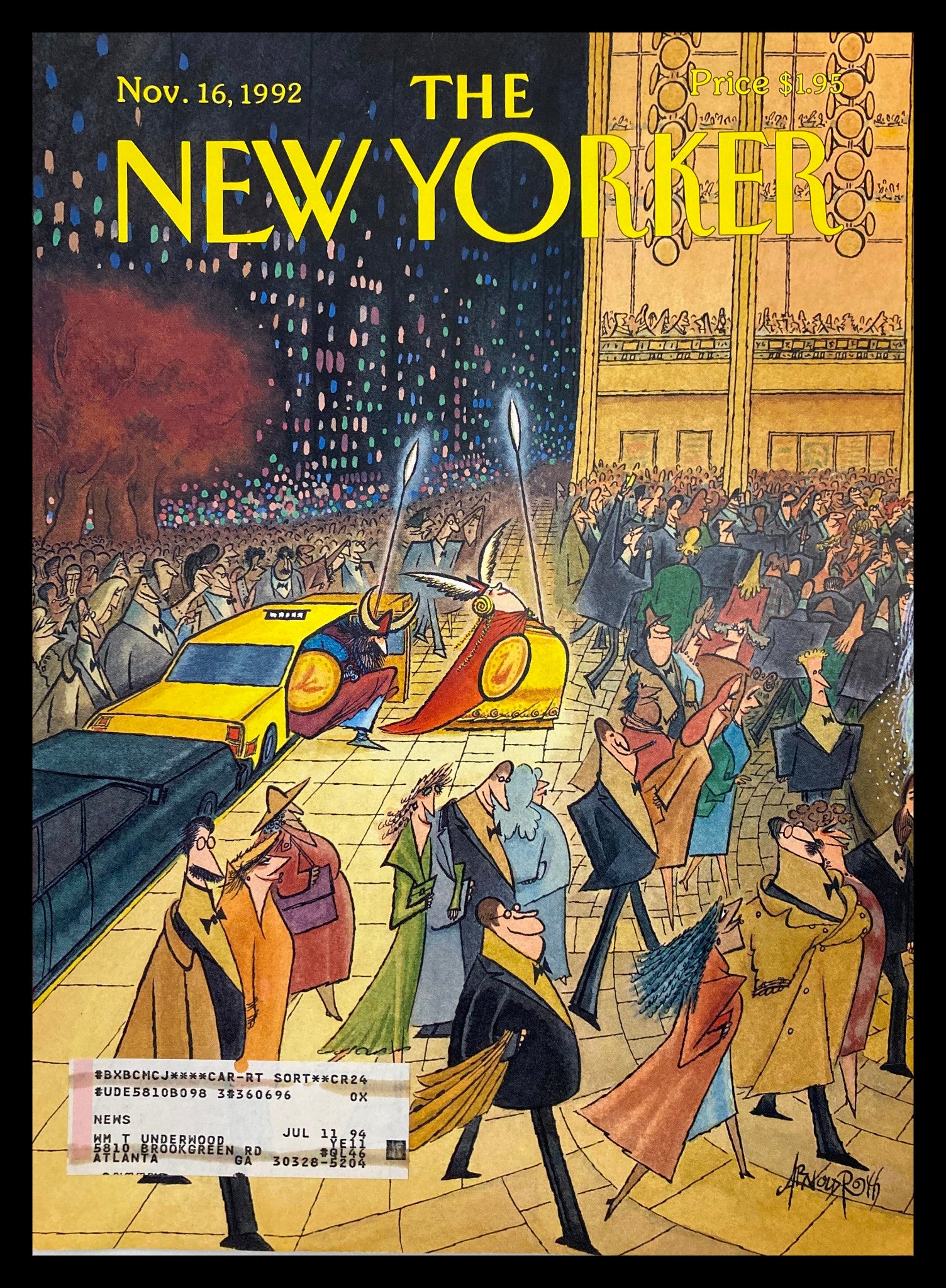 COVER ONLY The New Yorker November 16 1992 Opening Night by Arnold Roth