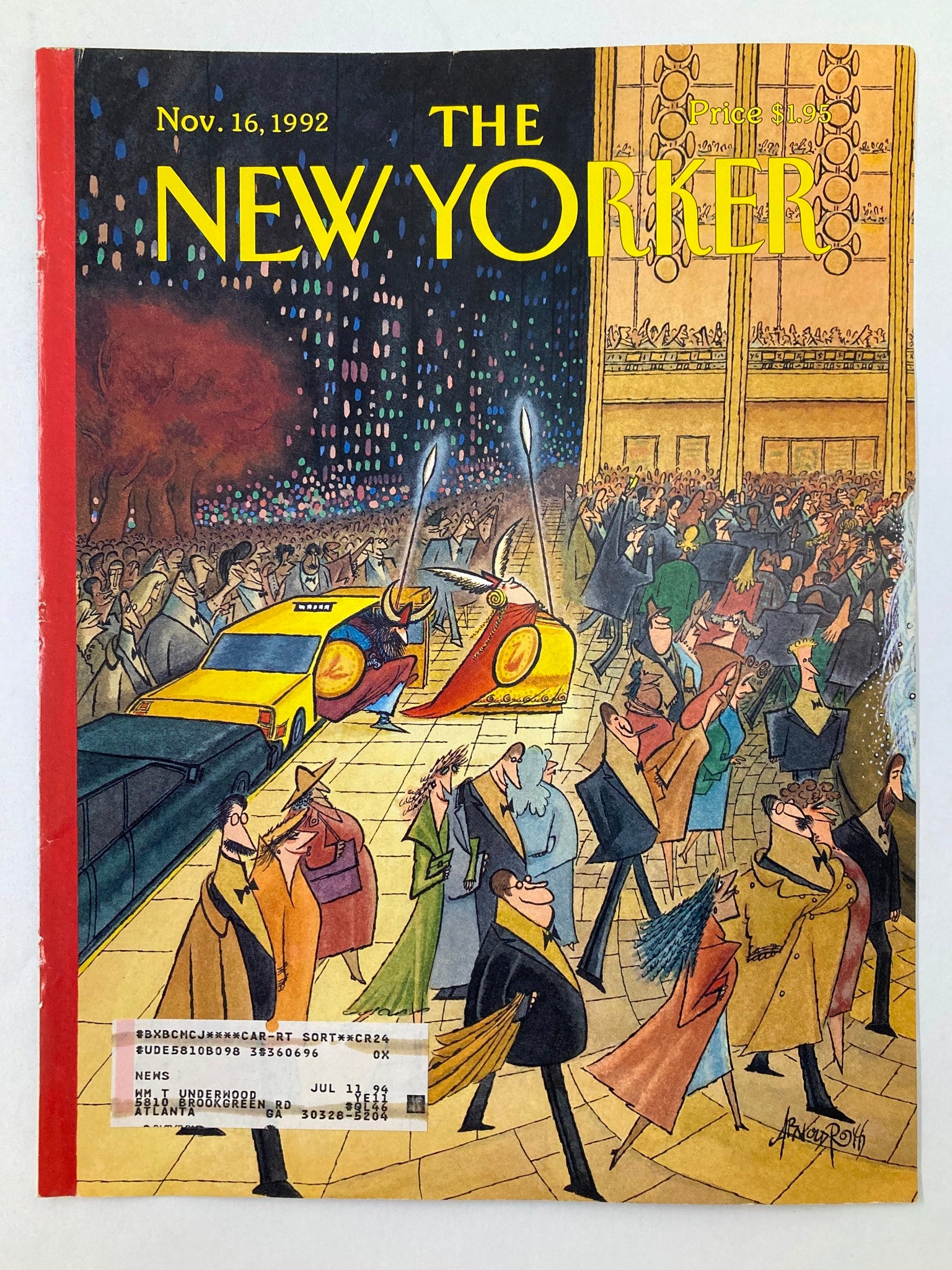 COVER ONLY The New Yorker November 16 1992 Opening Night by Arnold Roth