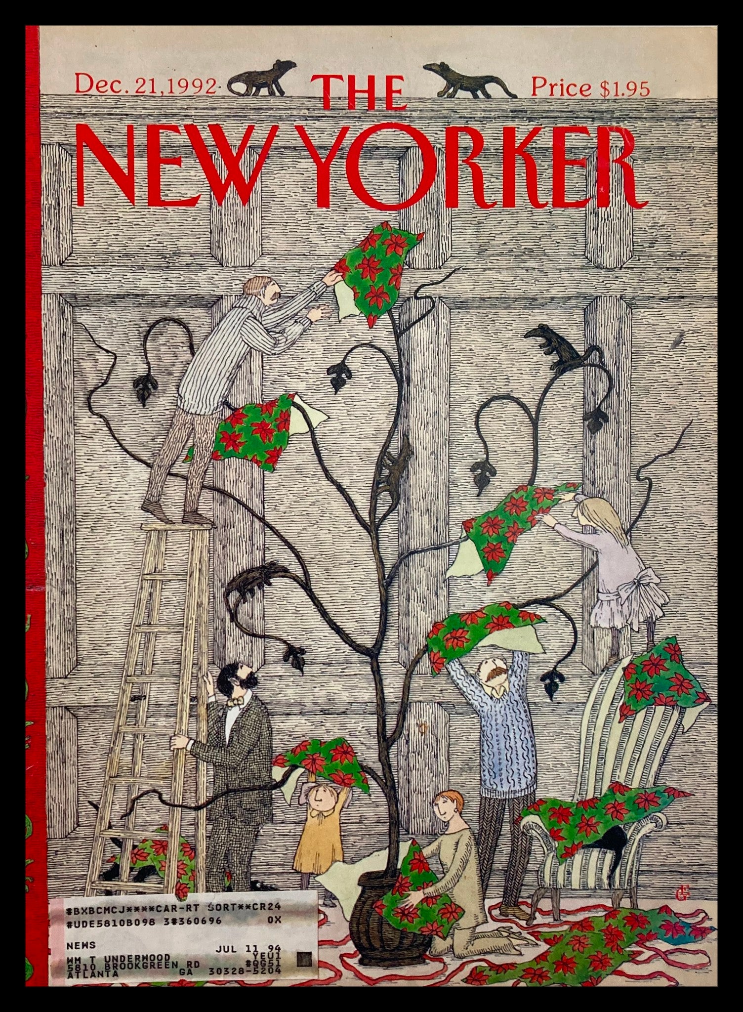 COVER ONLY The New Yorker December 21 1992 Christmas Tree by Edward Gorey