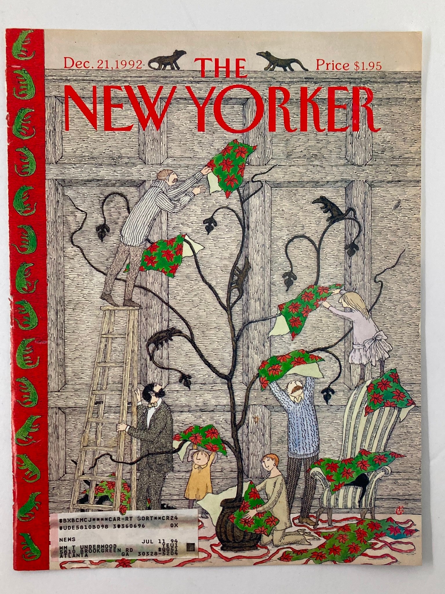 COVER ONLY The New Yorker December 21 1992 Christmas Tree by Edward Gorey