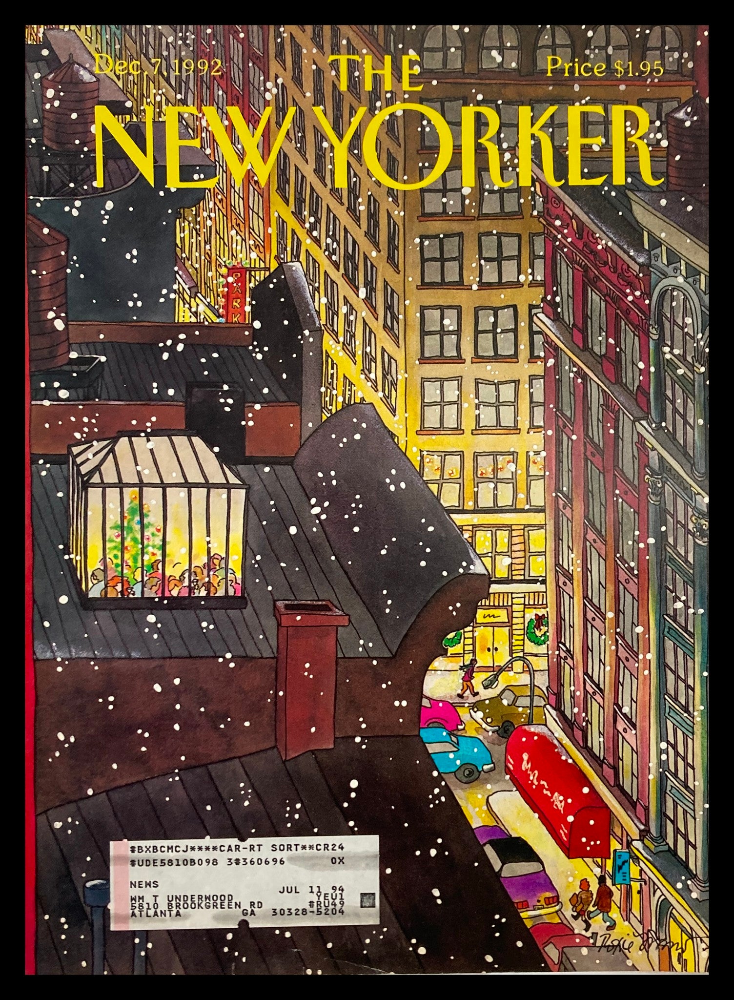 COVER ONLY The New Yorker December 7 1992 Snowy Night by Roxie Munro