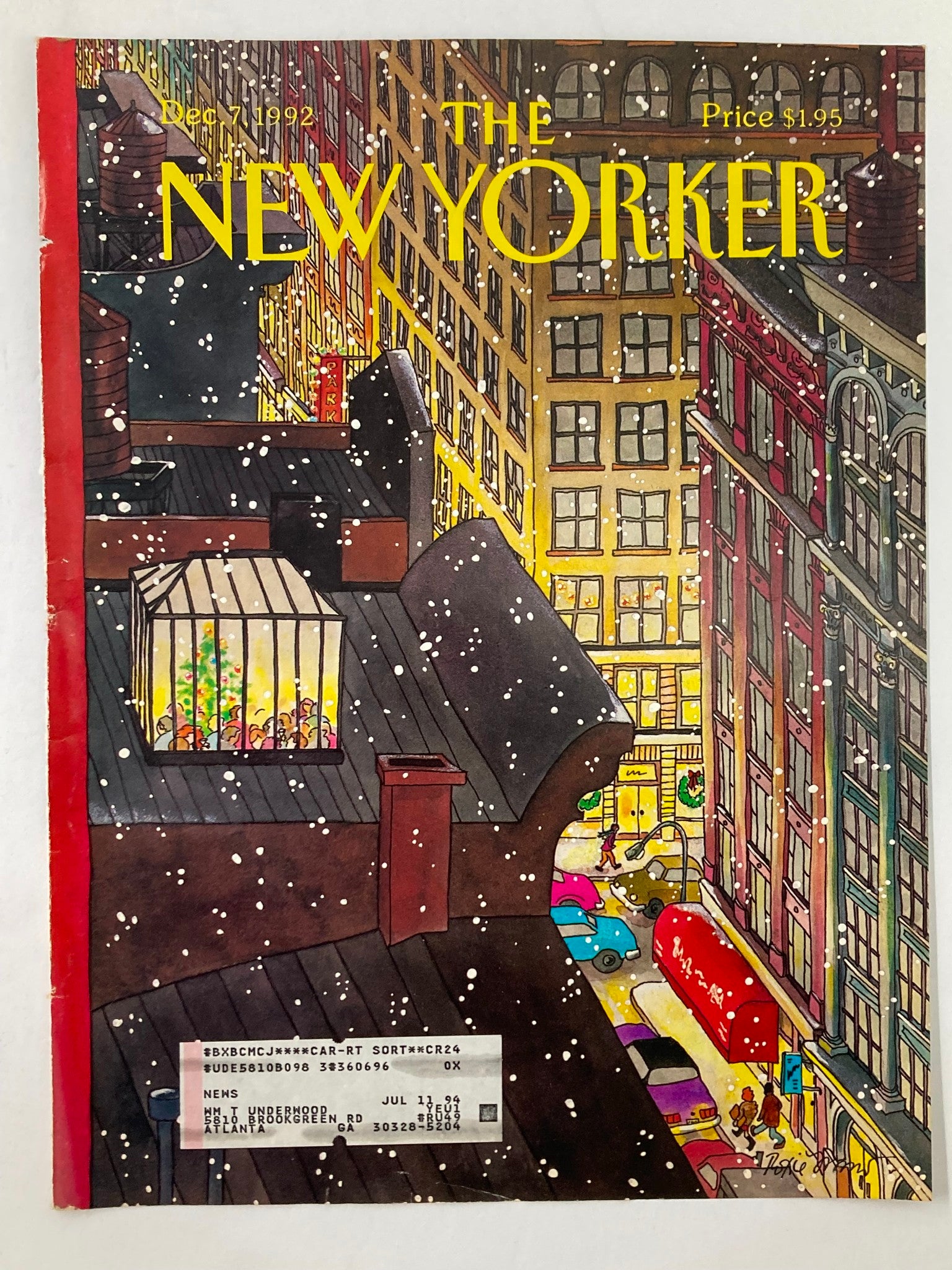 COVER ONLY The New Yorker December 7 1992 Snowy Night by Roxie Munro