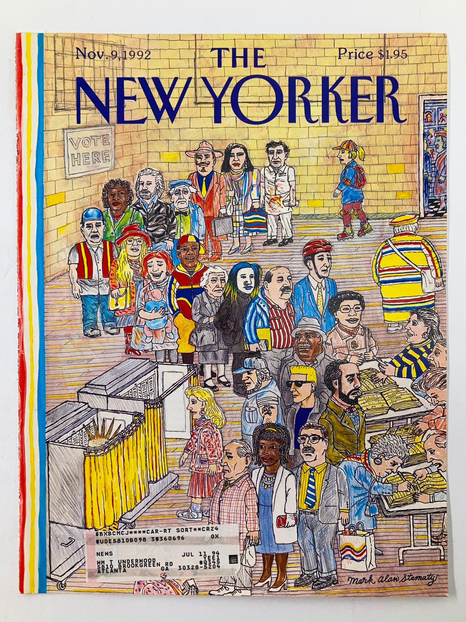 COVER ONLY The New Yorker November 9 1992 Vote Here by Mark Allan Stamaty