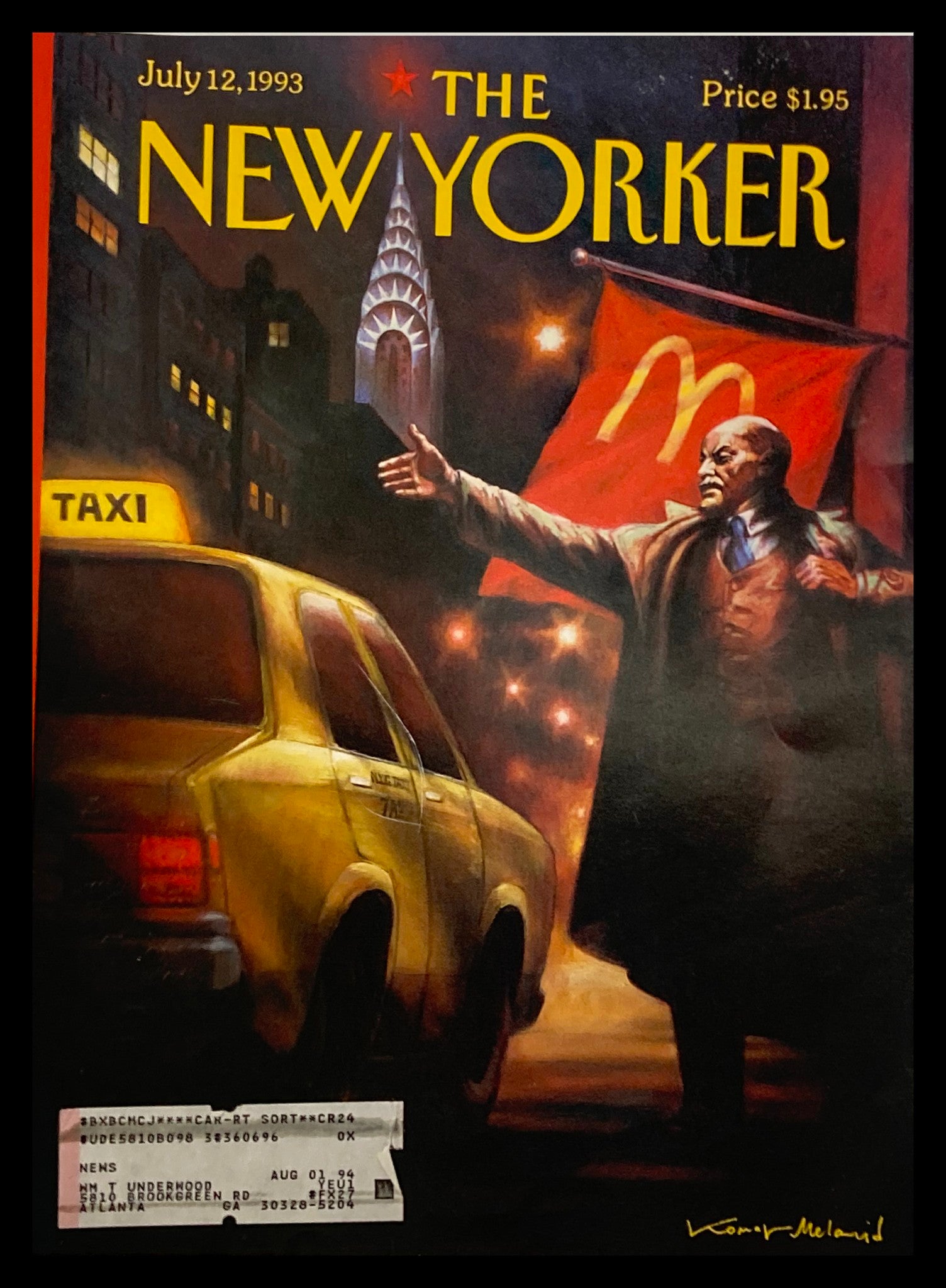 COVER ONLY The New Yorker July 12 1993 Lenin Hails A Cab by Vitaly Komar