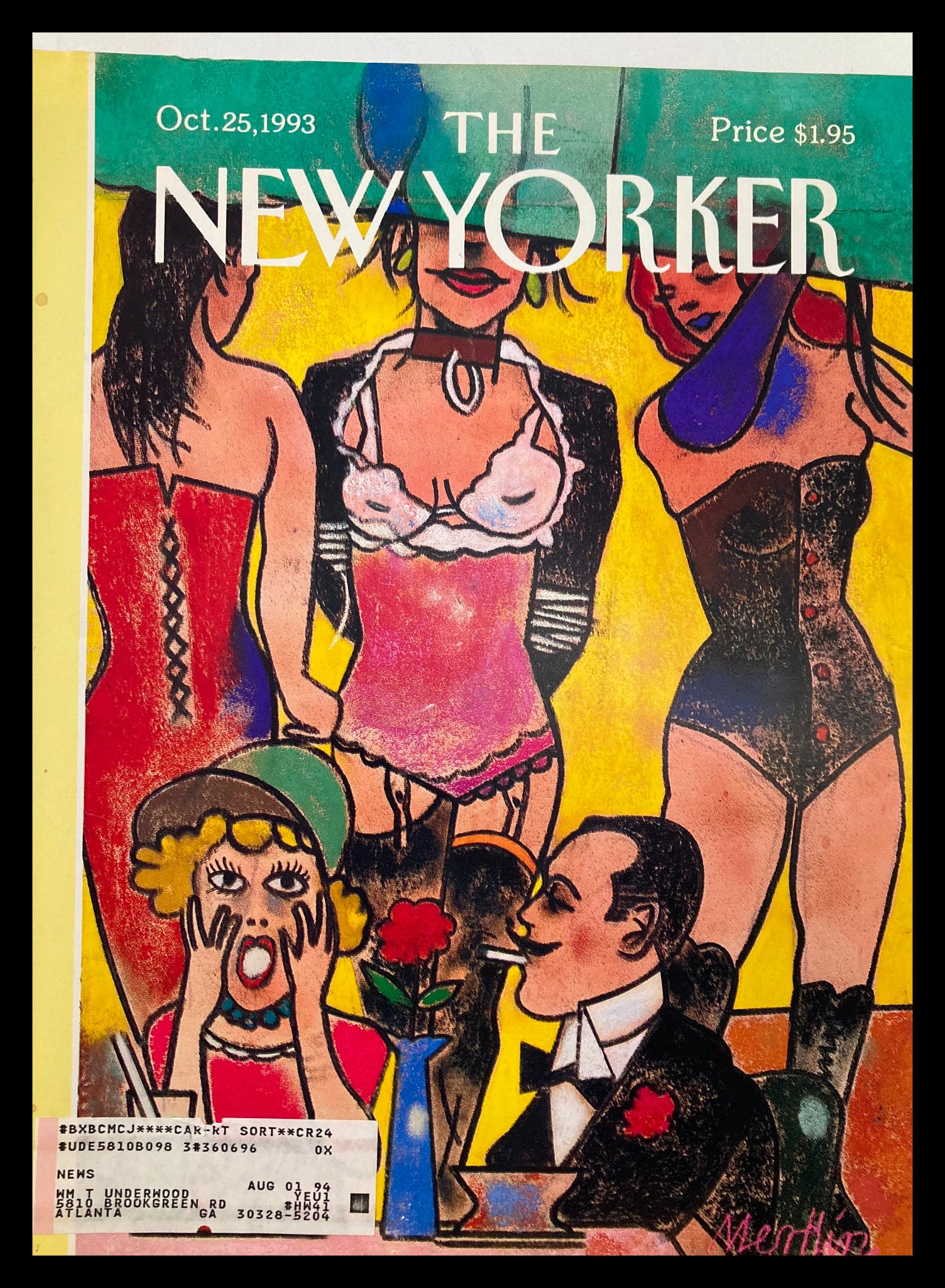 The New Yorker cover from October 25, 1993 titled 'Couture de Sade' by Richard Merkin, featuring colorful illustrations of stylish women and a man in a tuxedo, showcasing a blend of fashion and humor.