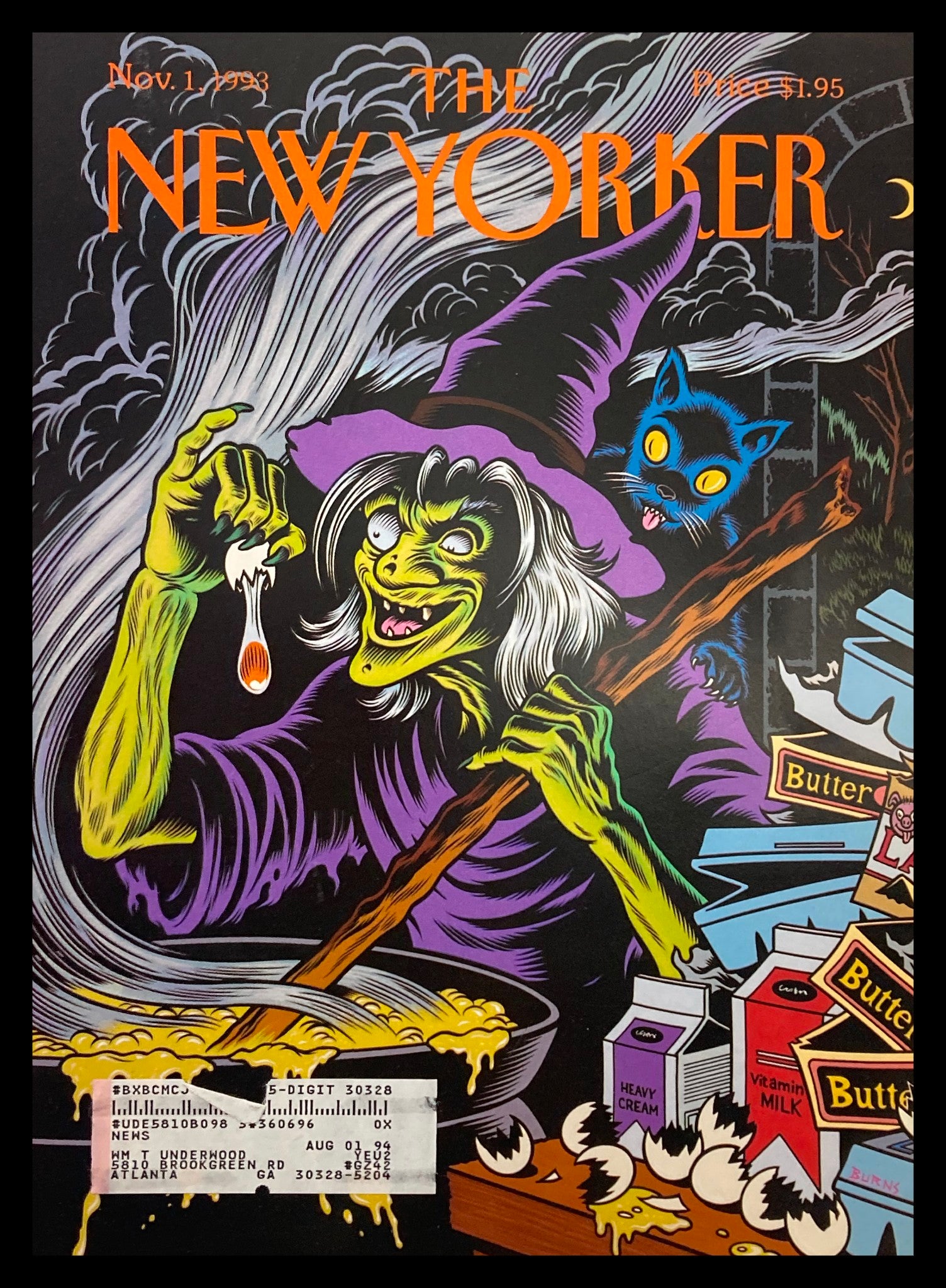Cover of The New Yorker November 1 1993 titled 'Strange Brew' featuring a whimsical witch stirring a cauldron with a mischievous black cat in the background.