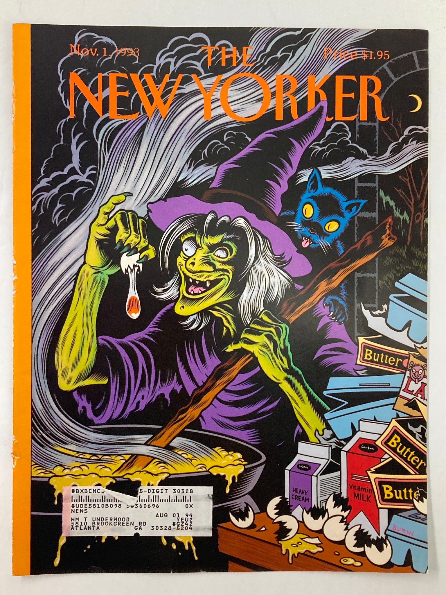 Cover of The New Yorker November 1 1993 titled 'Strange Brew' depicting a colorful witch with a cauldron, alongside a playful black cat and various containers labeled with dairy products.