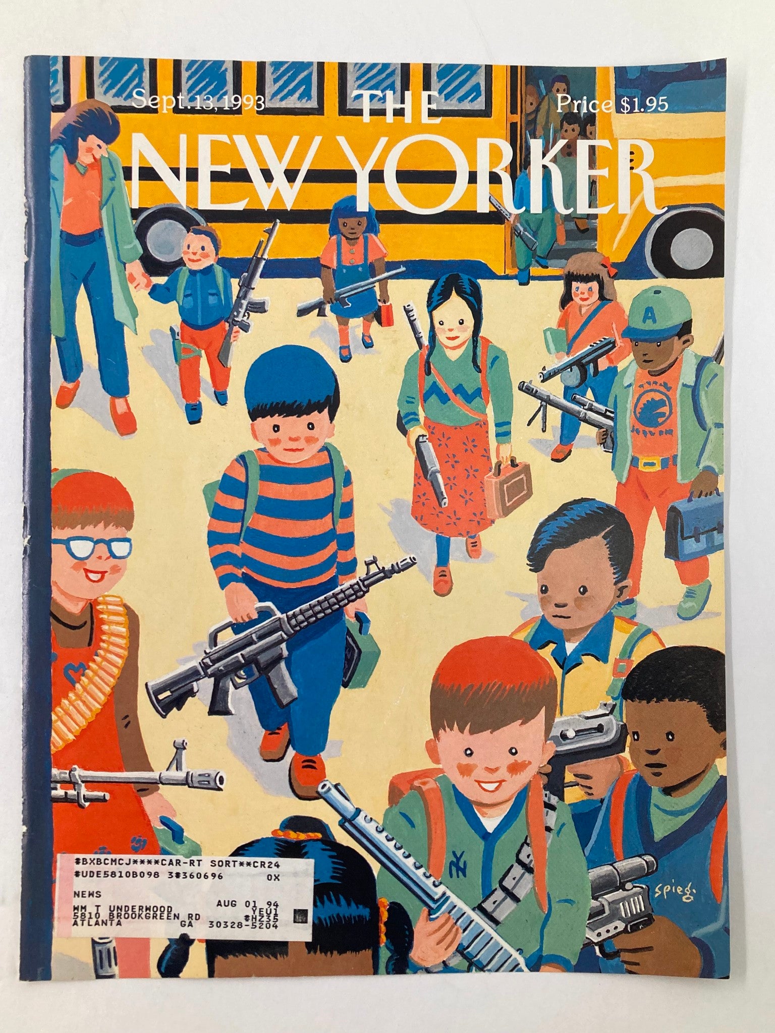 The New Yorker September 13 1993 cover art by William Steig, showing a vibrant and playful scene of children holding toy guns near a school bus.