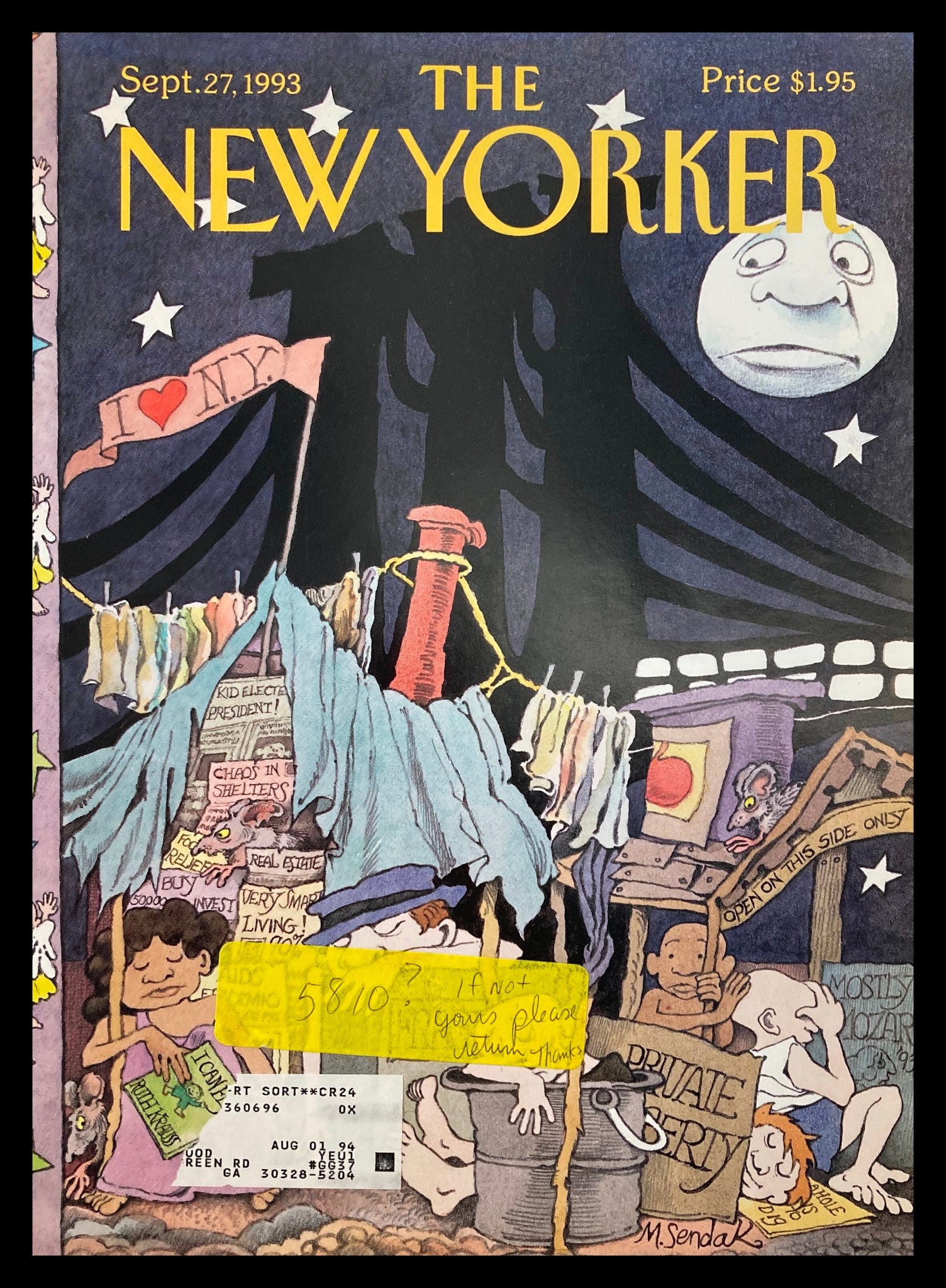 COVER ONLY The New Yorker September 27 1993 Private Property by M. Sendak