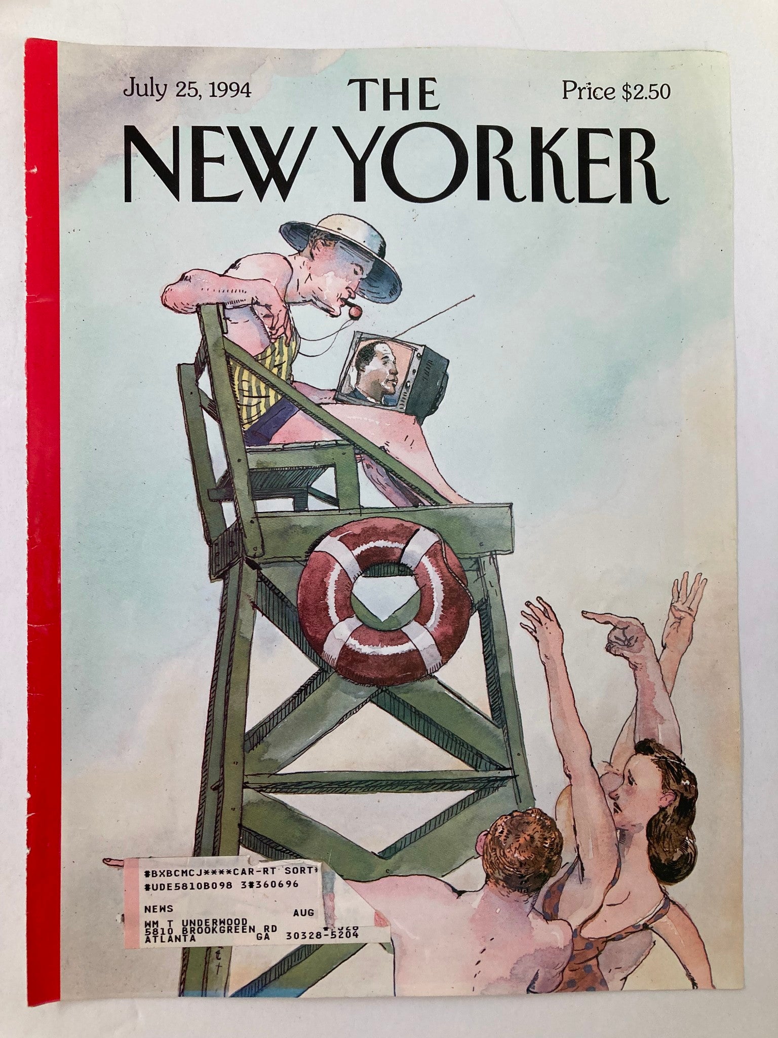 The New Yorker July 25 1994 magazine cover featuring a lifeguard in a striped swimsuit, observing a TV, artistically rendered by Barry Blitt.