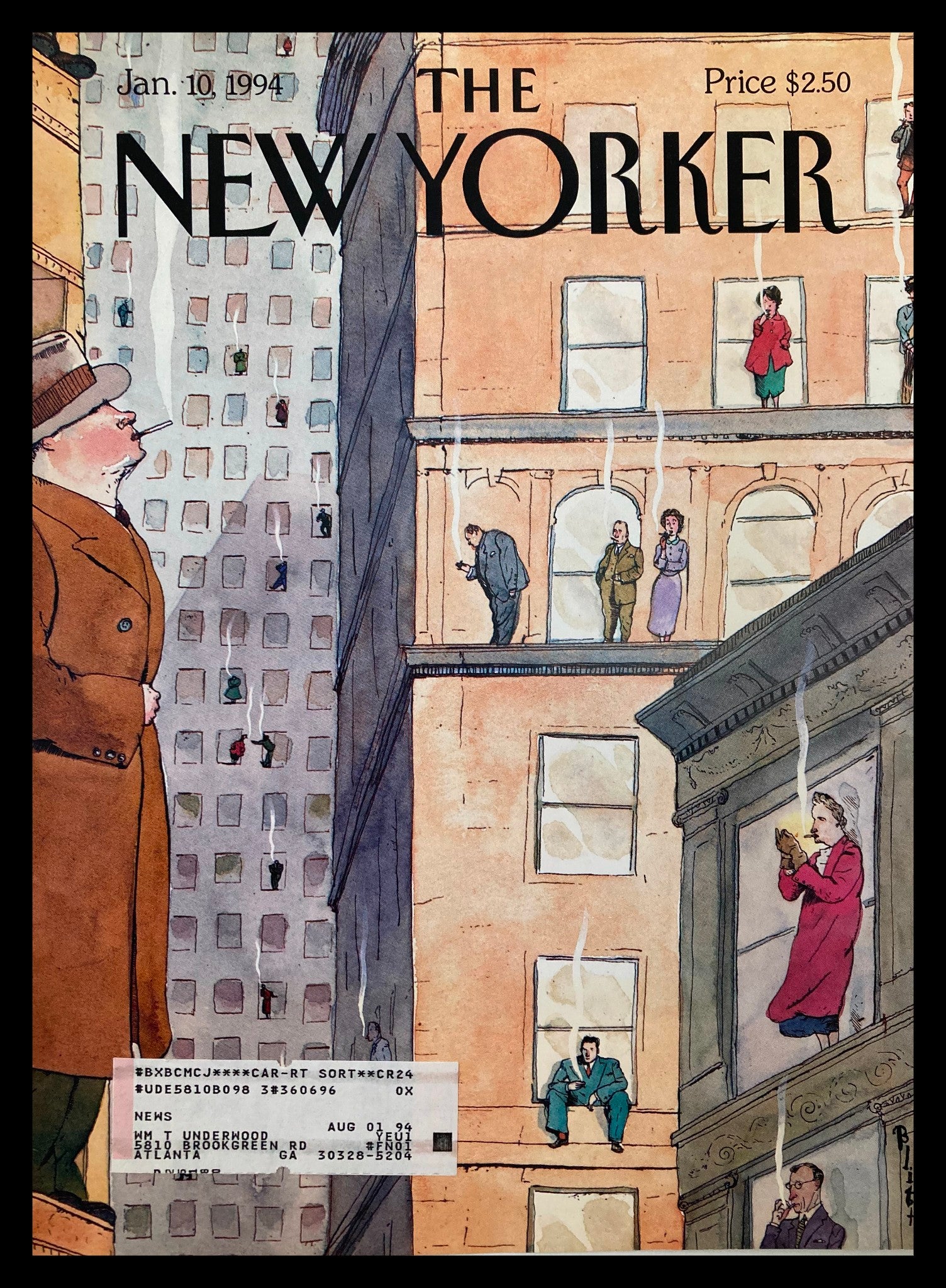 Cover of The New Yorker January 10 1994 featuring the illustration 'Resolute Smokers' by Barry Blitt, showcasing characters in a cityscape with a vintage aesthetic and minor wear.