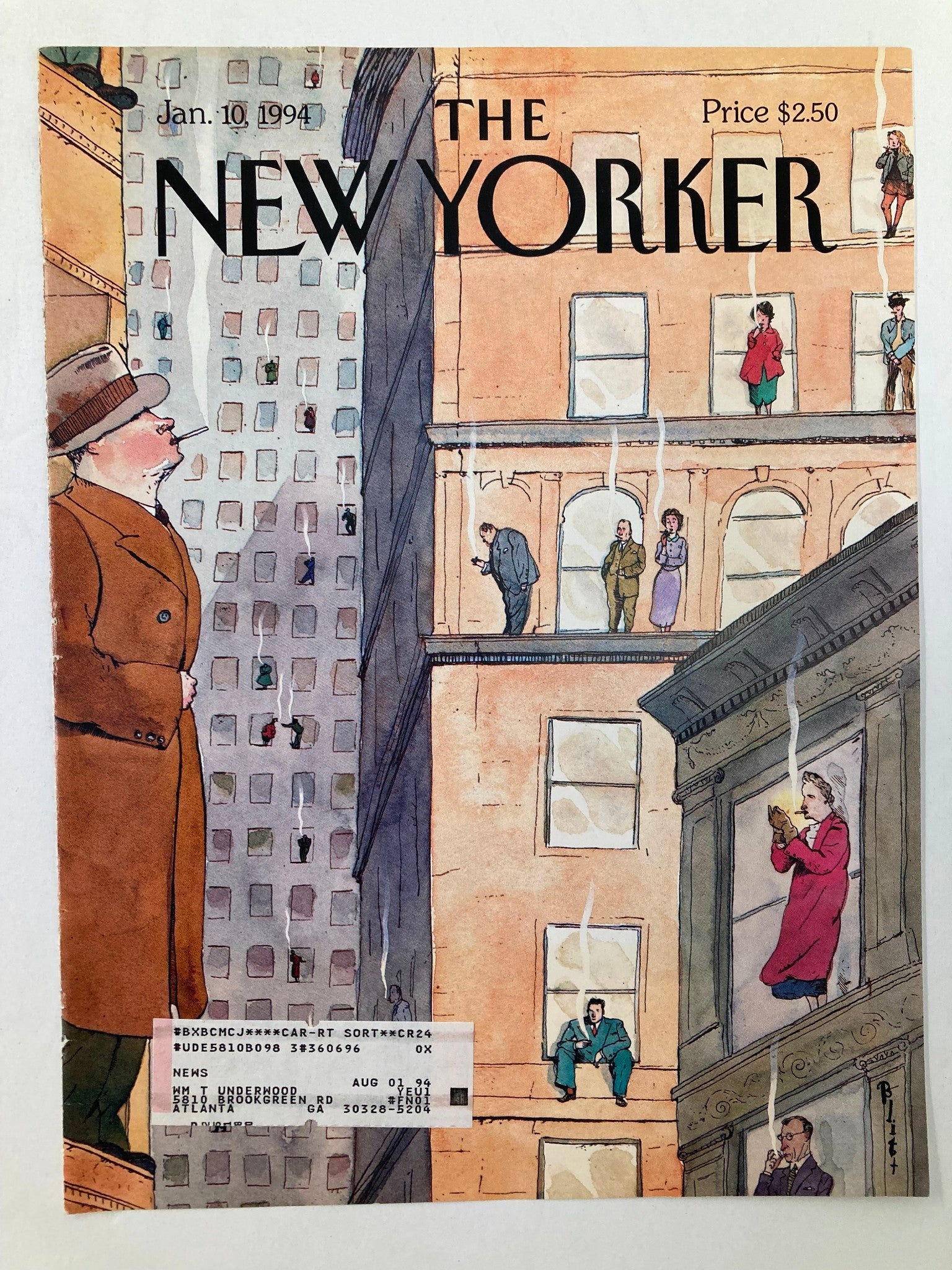 Cover of The New Yorker January 10 1994 featuring the illustration 'Resolute Smokers' by Barry Blitt, highlighting the unique cultural reflections of the 1990s with a collection of characters in urban settings.