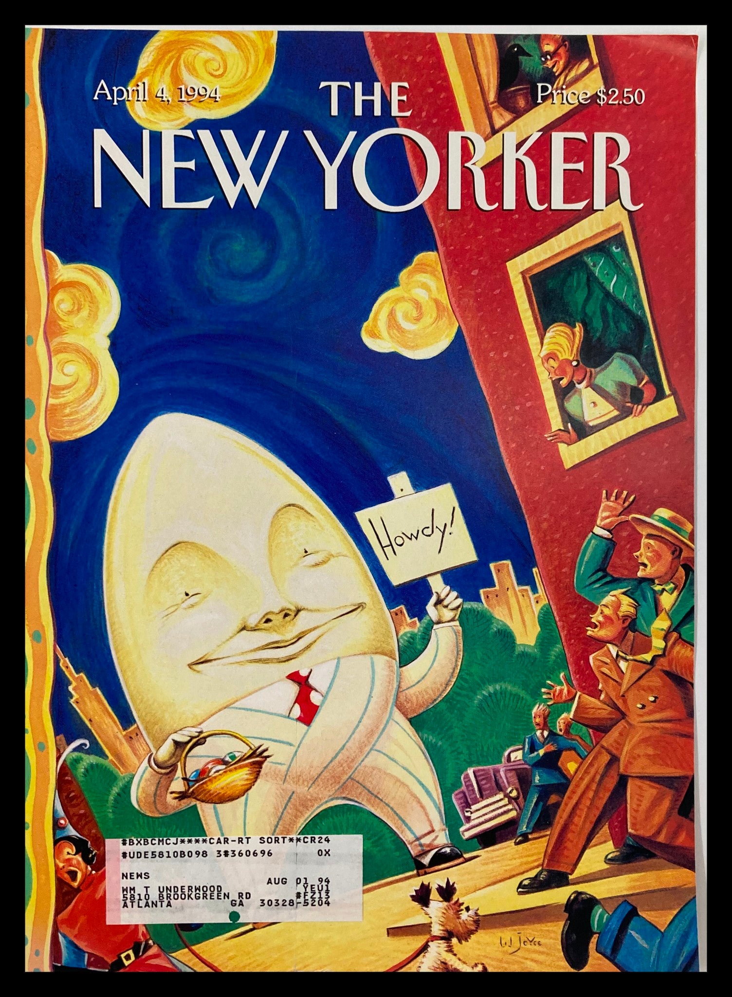 COVER ONLY edition of The New Yorker from April 4, 1994 featuring 'The Egg Man' by William Joyce, with vibrant colors and whimsical design.