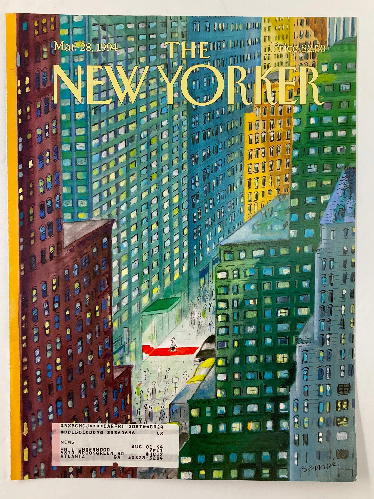 The New Yorker March 28 1994 cover titled 'Concrete Jungle' by Jean-Jacques Sempe, depicting a vibrant urban environment filled with skyscrapers and people.