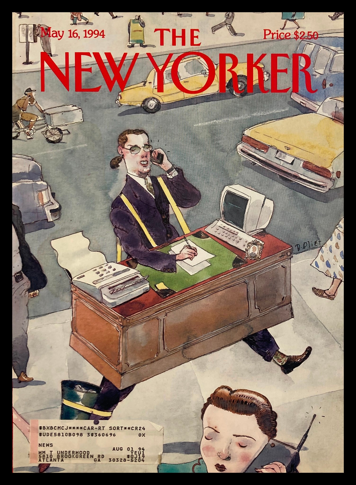 Cover of The New Yorker, May 16, 1994, titled 'Upwardly Mobile' by Barry Blitt, featuring a whimsical illustration of a man at a desk on a busy street.