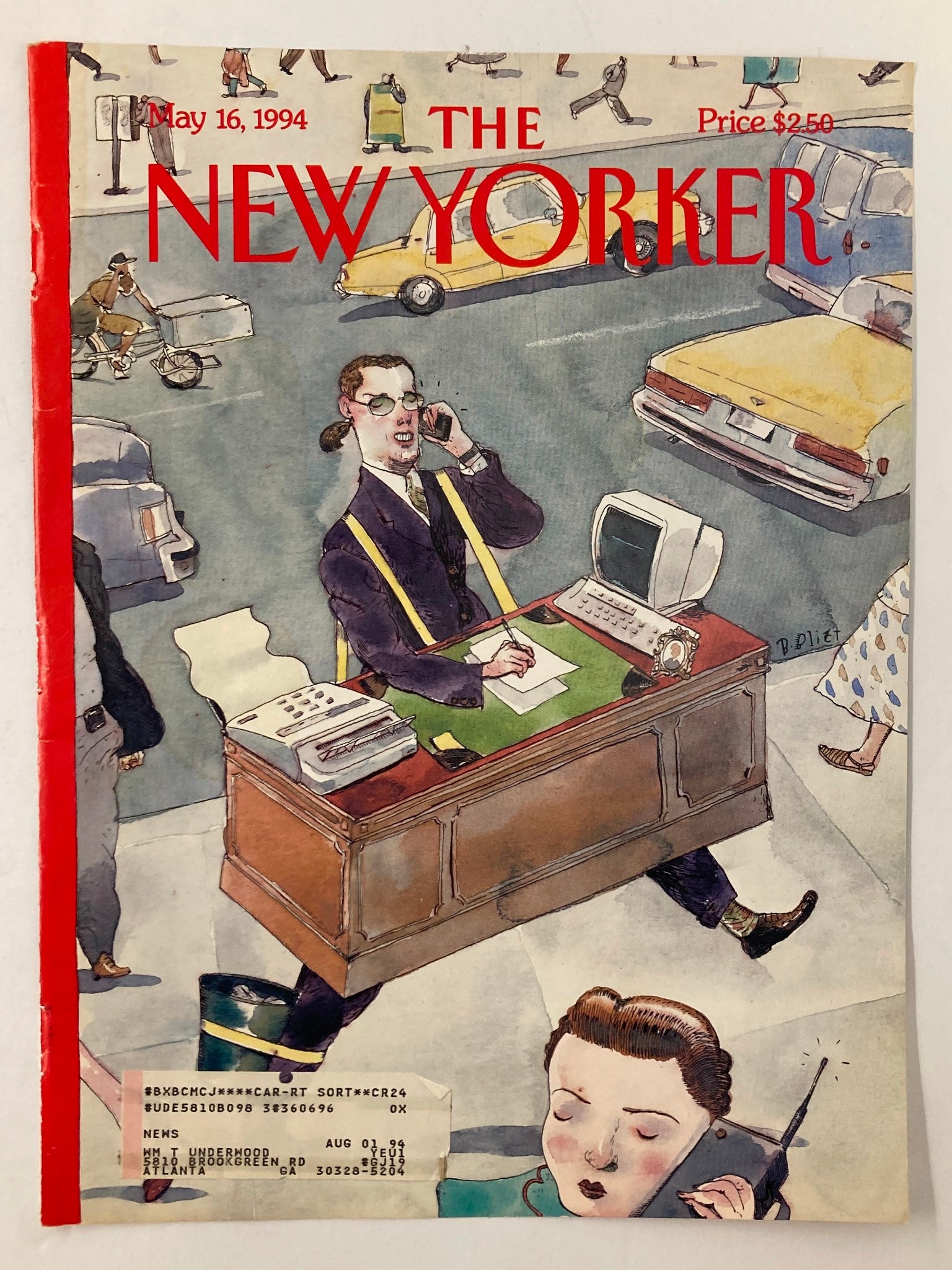 Cover of The New Yorker, May 16, 1994, titled 'Upwardly Mobile' by Barry Blitt, showcasing an illustration of a desk worker amidst urban traffic.