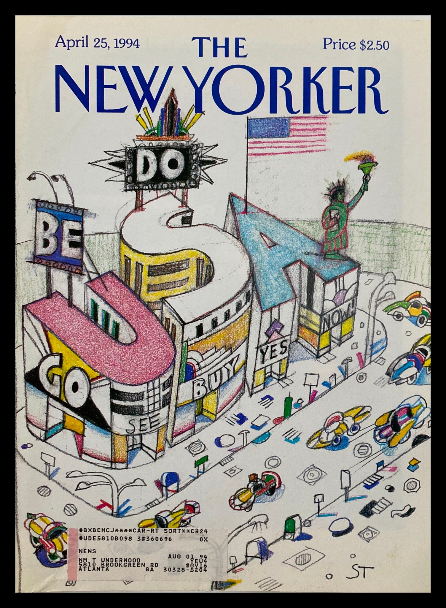 COVER ONLY The New Yorker April 25 1994 featuring Main Street by Saul Steinberg, showcasing a colorful urban scene with playful signs and vehicles, emphasizing the whimsical style of Steinberg's artwork.