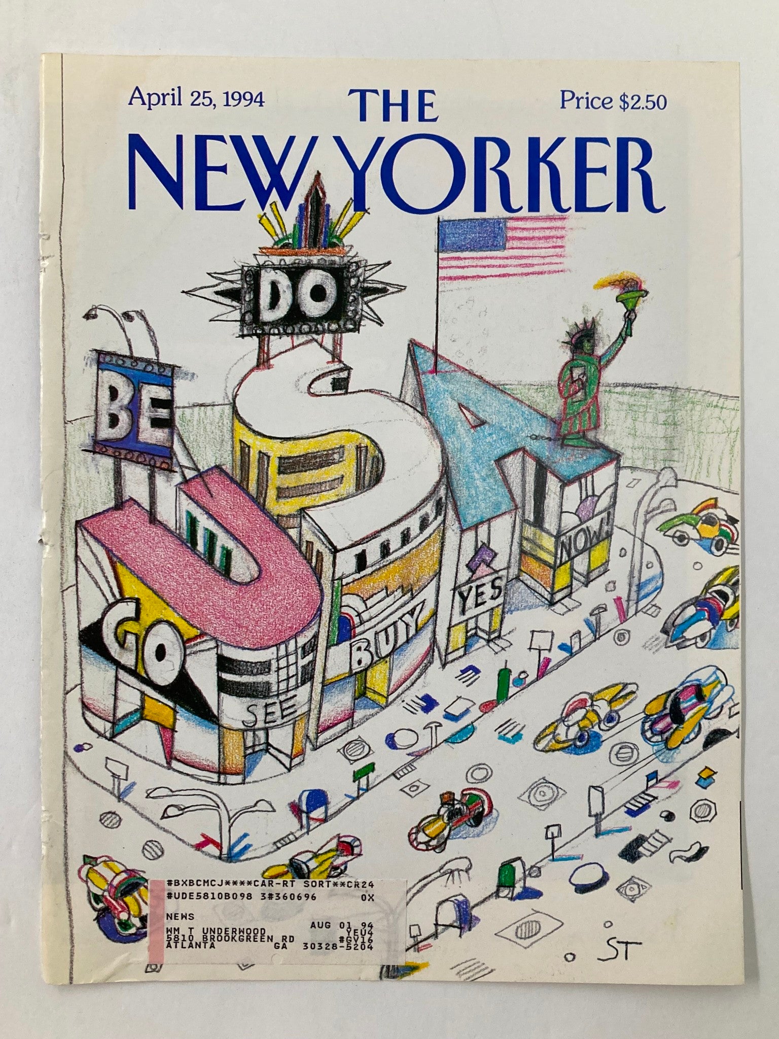 COVER ONLY The New Yorker April 25, 1994 featuring whimsical artwork by Saul Steinberg, depicting a colorful street scene with signs and cartoon-like vehicles, showcasing the charm and humor of urban life.