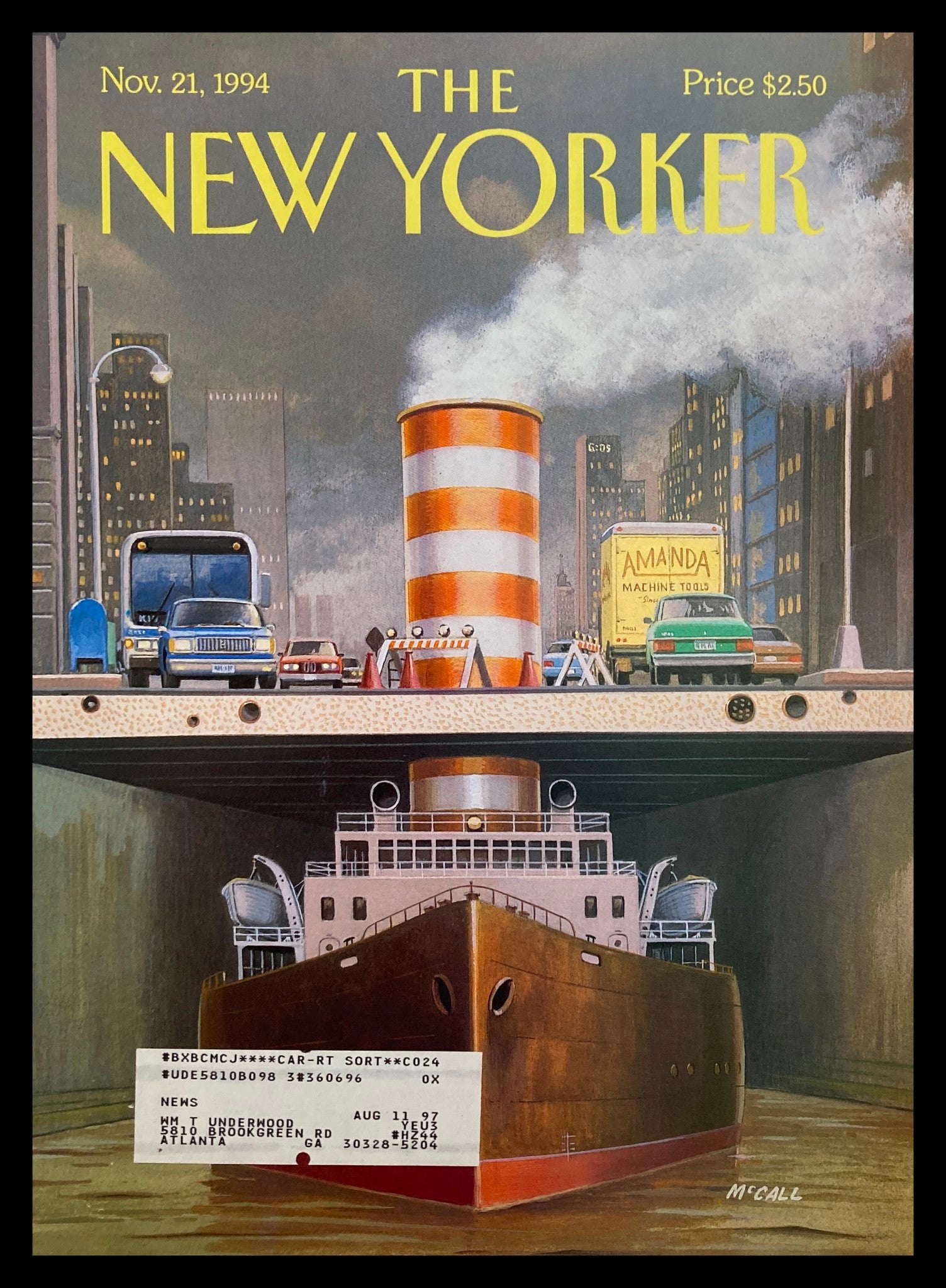 Vintage cover of The New Yorker from November 21, 1994, featuring the artwork 'Steamers' by Bruce McCall, depicting a bustling urban scene with cars and a large ship beneath a bridge.
