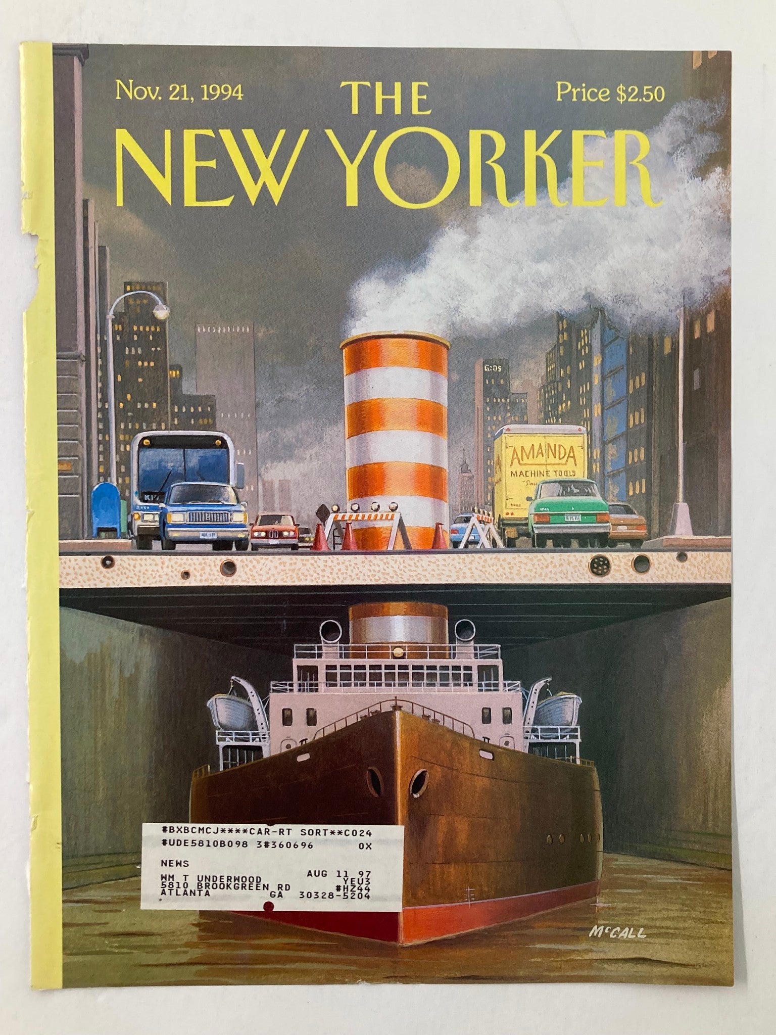 The New Yorker November 21 1994 cover featuring the illustration titled 'Steamers' by Bruce McCall, showcasing a vibrant scene with a ship, city skyline, and vehicles.
