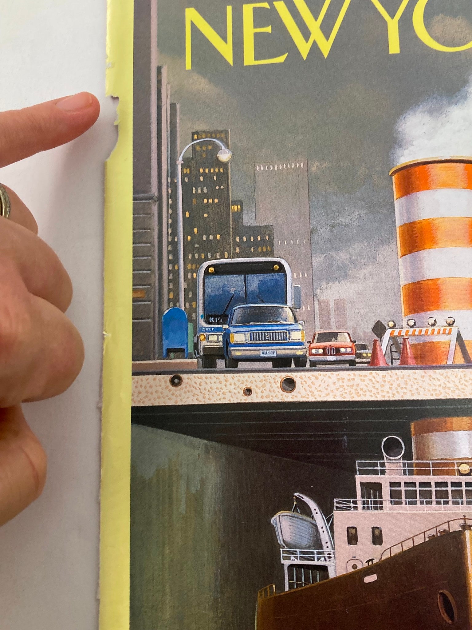 Detail of The New Yorker November 21 1994 cover titled 'Steamers,' highlighting wear on the edge and the artistic illustration showing a ship and urban setting.