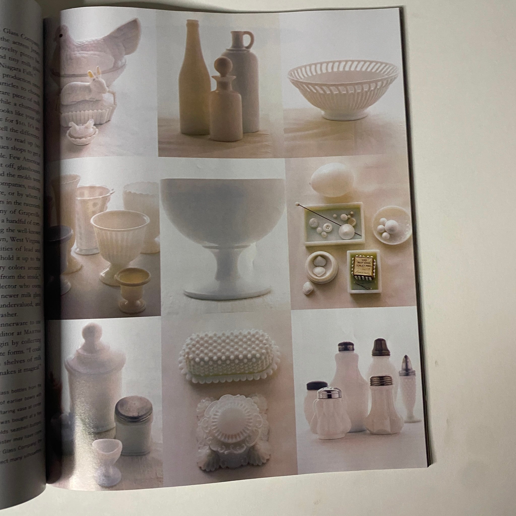 Page from Martha Stewart Living Magazine July 1998 showcasing various milk glass collectibles and their significance in vintage decor.