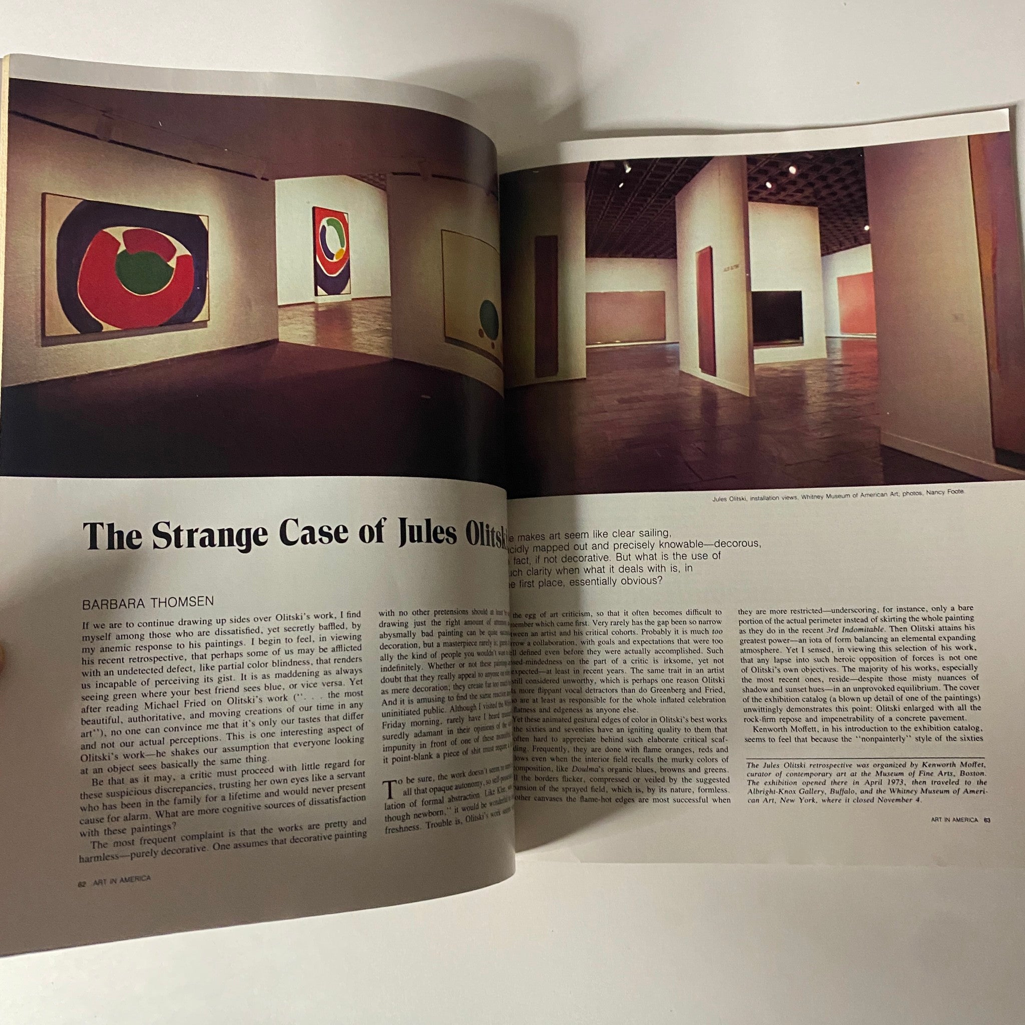 Interior view featuring artwork in a gallery space, showcasing the article 'The Strange Case of Jules Olitski' from the January 1974 issue of Art in America Magazine.