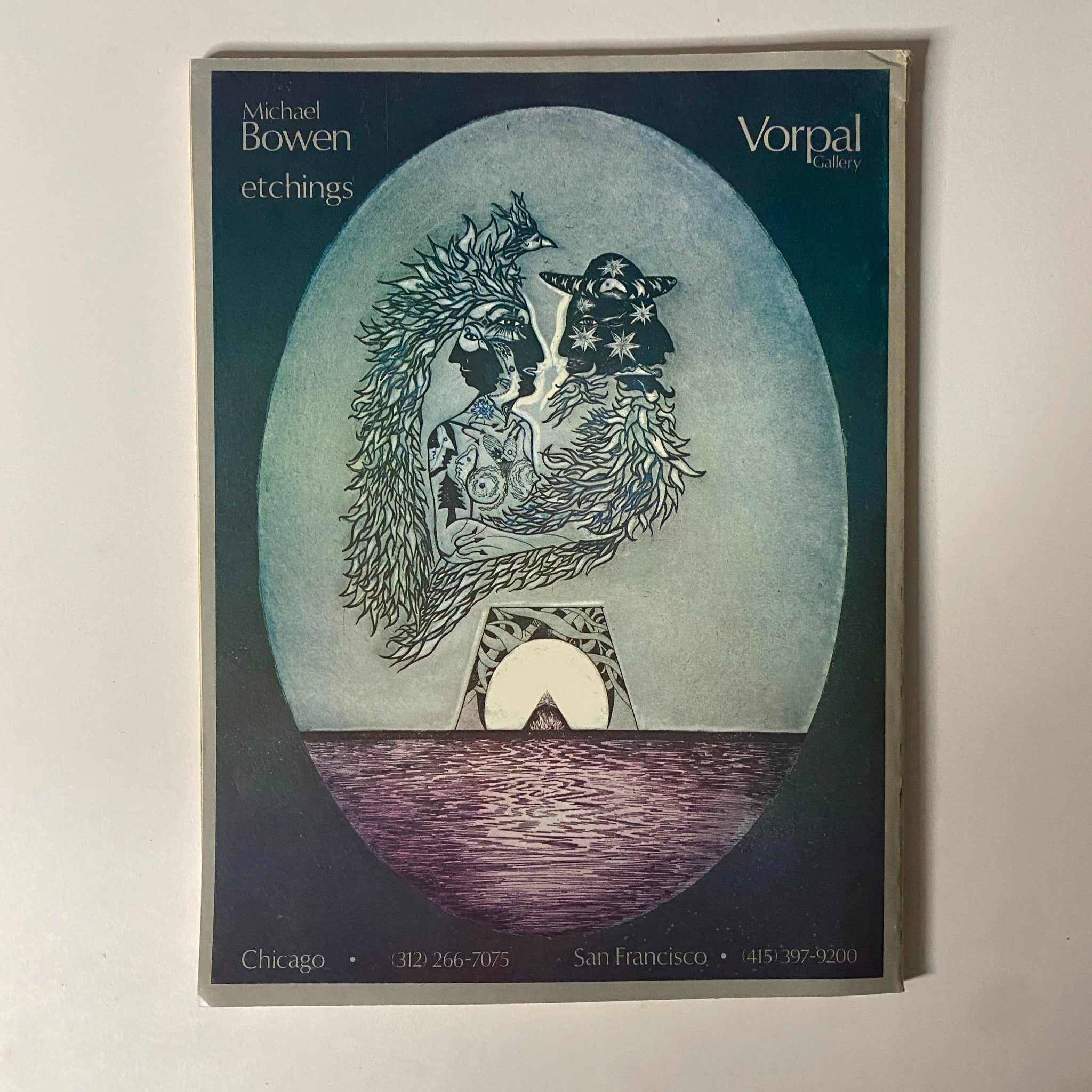 Cover of the Vorpal Gallery catalog depicting Michael Bowen's etchings, highlighting artistic themes relevant to the January 1974 issue of Art in America Magazine.