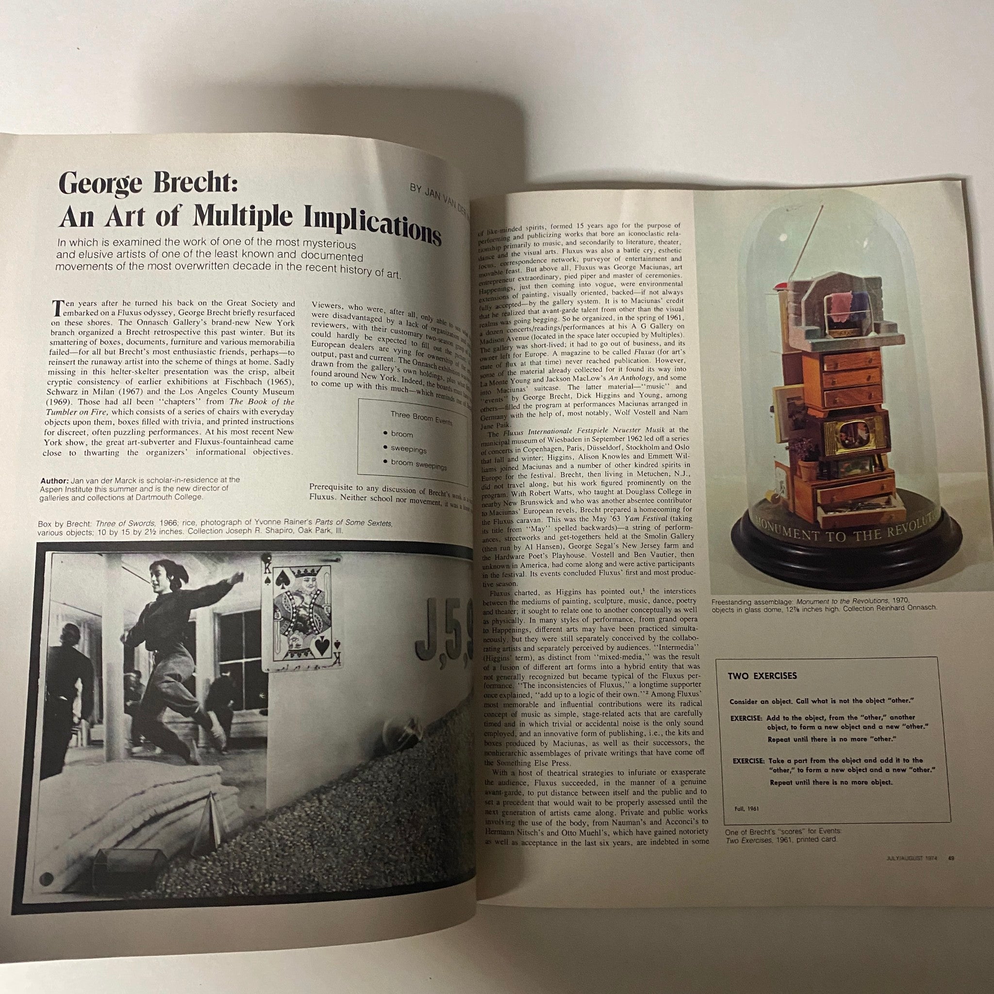 Inside spread of Art in America Magazine July 1974 showcasing an article on George Brecht, discussing his conceptual art and the Fluxus movement.