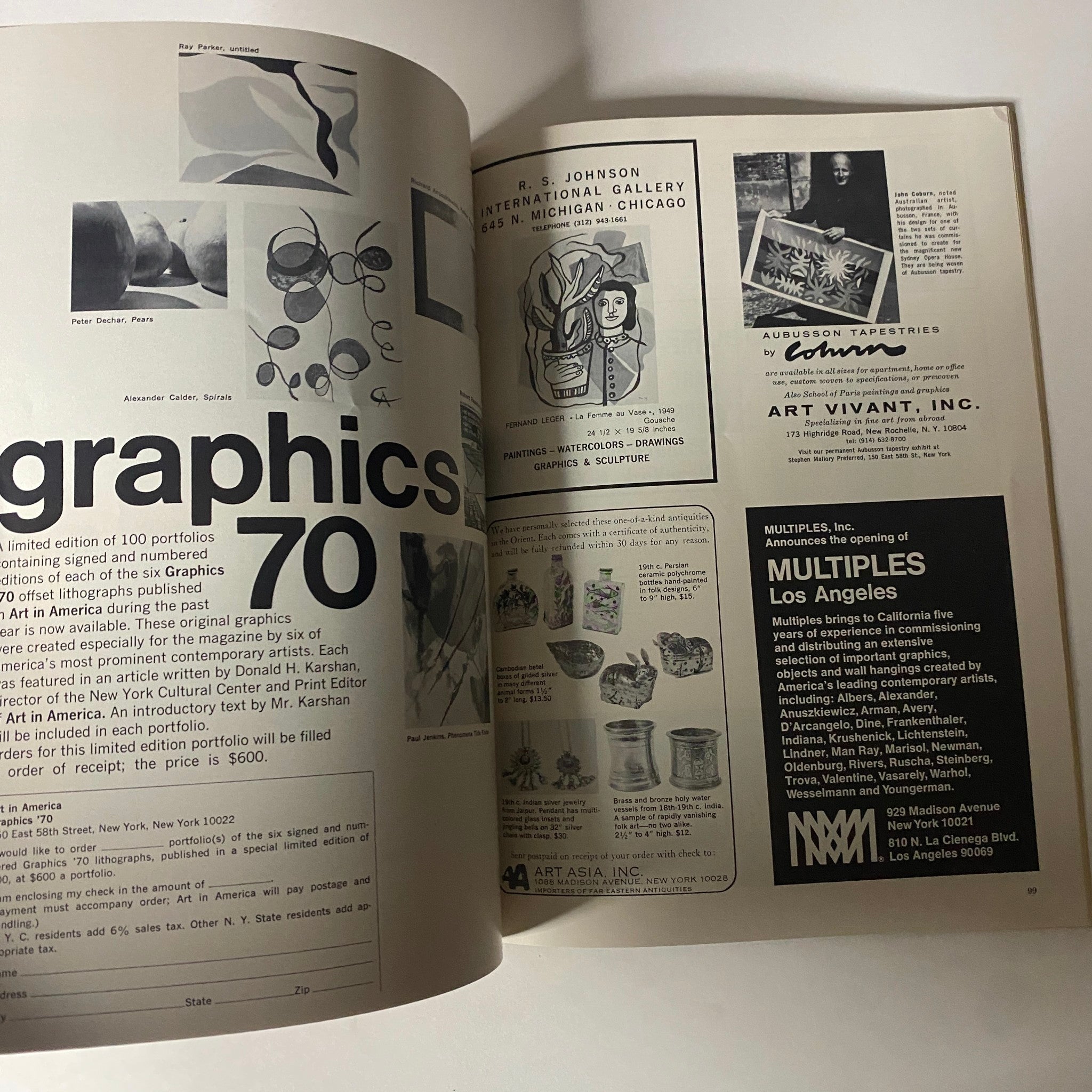 Inside pages of Art in America Magazine January 1971 featuring advertisements and artistic portfolios, highlighting the Op Art movement represented by Richard Anuszkiewicz.