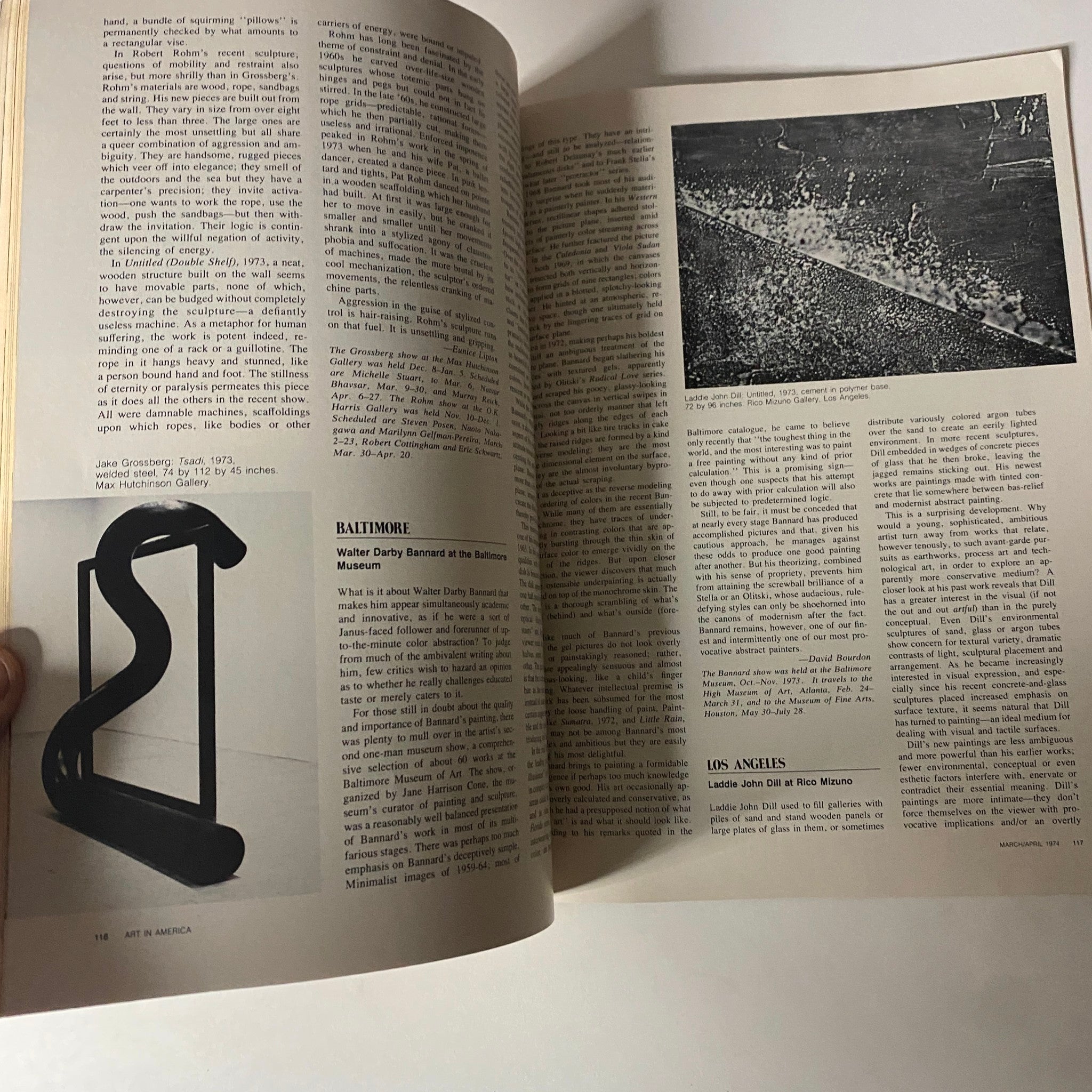 Interior pages of Art in America Magazine March-April 1974, featuring discussions on contemporary artworks and exhibitions, including Walter Darby Bannard and Los Angeles art.