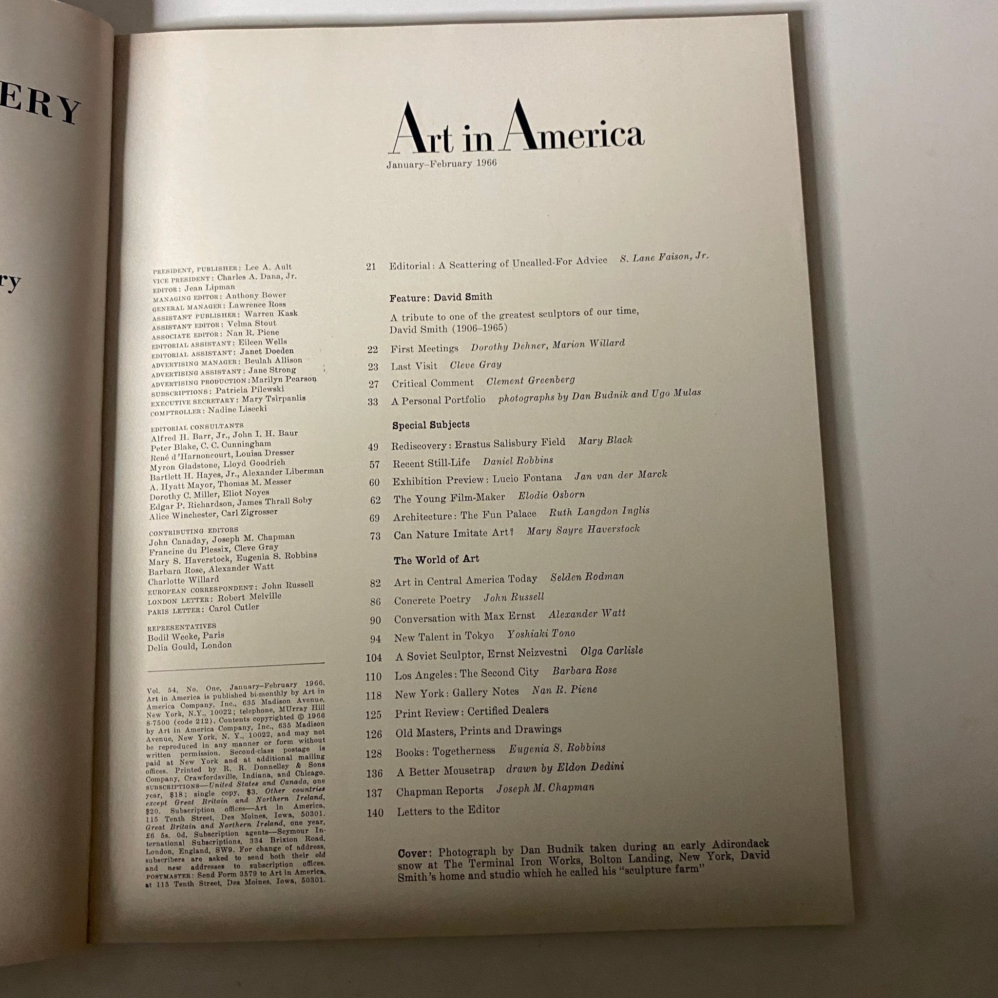 Art in America Magazine January 1966 Dan Budnik, Adirondack Snow No Label VG