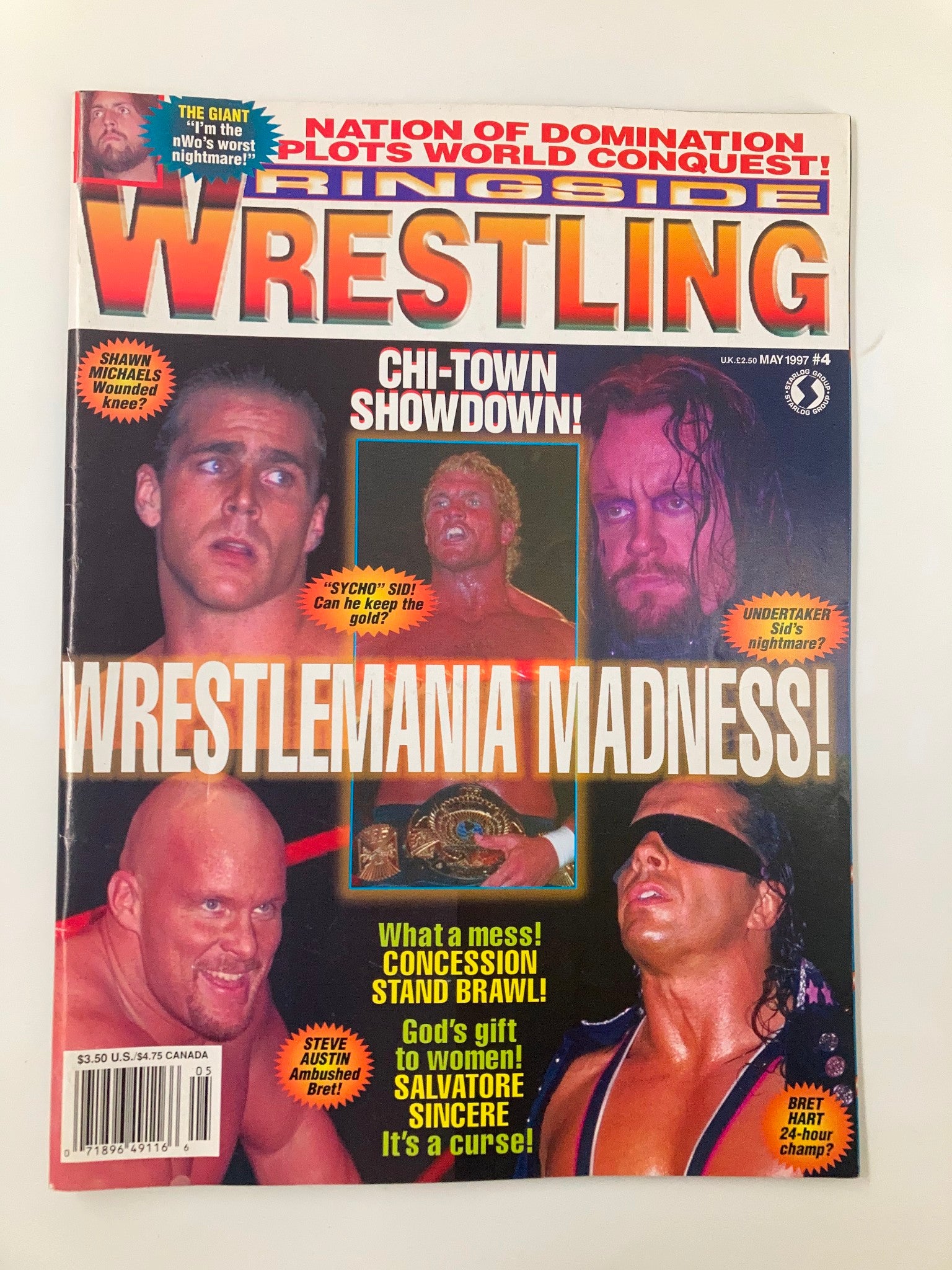 Cover of Ringside Wrestling Magazine May 1997 featuring iconic wrestlers Steve Austin, Bret Hart, and Undertaker. The magazine highlights Wrestlemania, showcasing a dramatic showdown along with key wrestling events and personalities from the era.