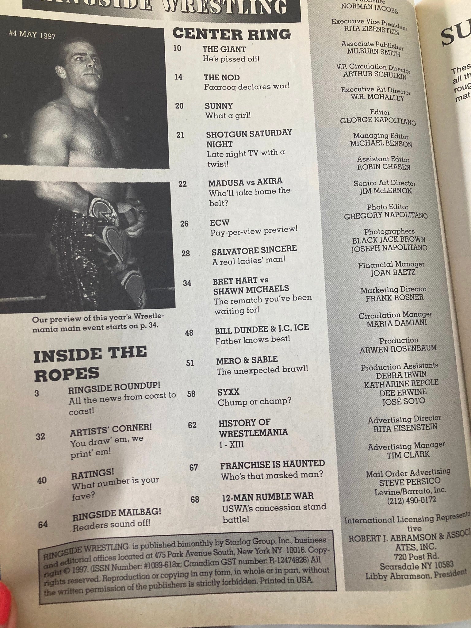 Inside page of Ringside Wrestling Magazine May 1997 showcasing the contents including articles on The Giant, Bret Hart vs Shawn Michaels, and other wrestling highlights. This magazine serves as a collectible for wrestling fans, encapsulating the thrilling moments of the 90s wrestling scene.