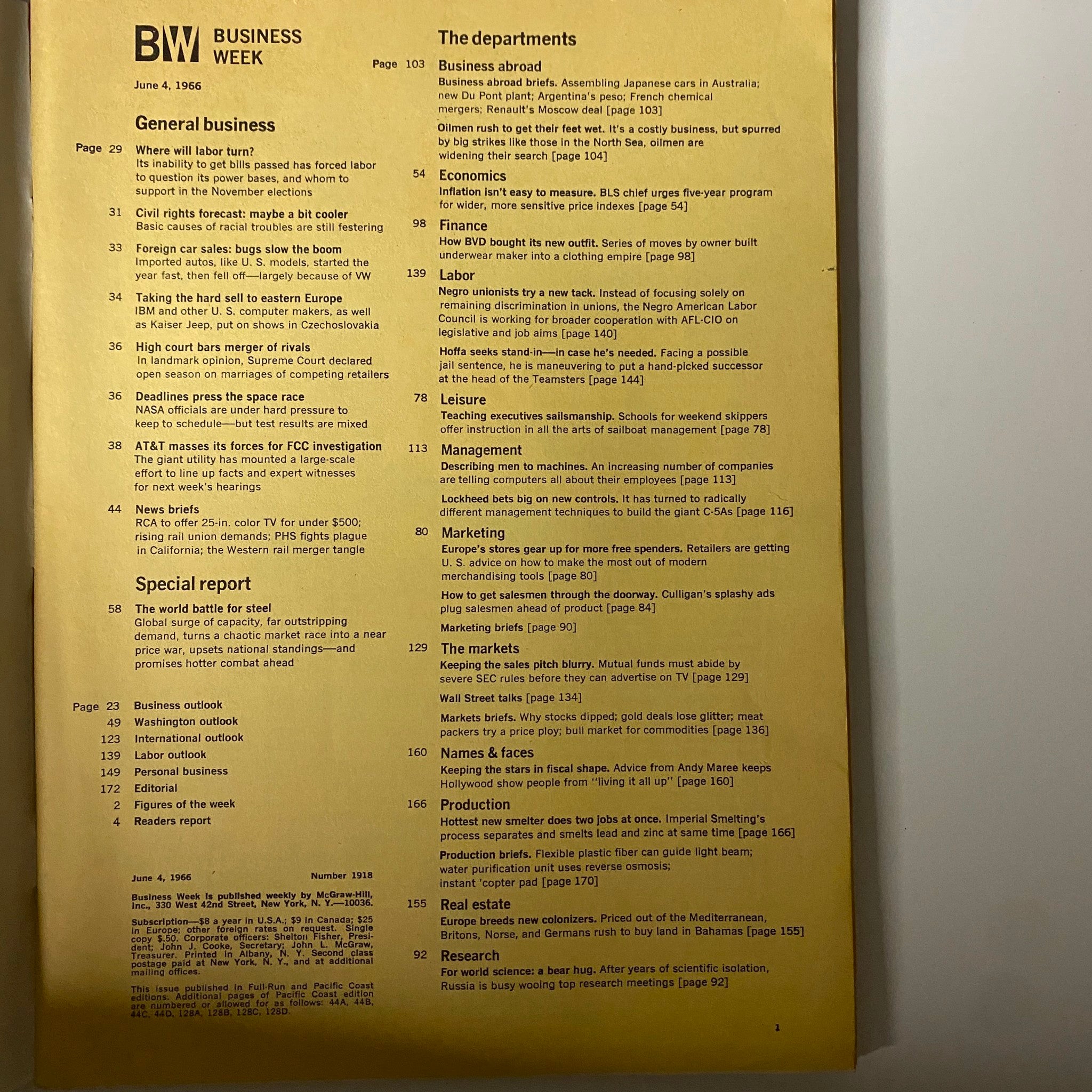 Businessweek Magazine June 4, 1966 The World Steel Race Special Report