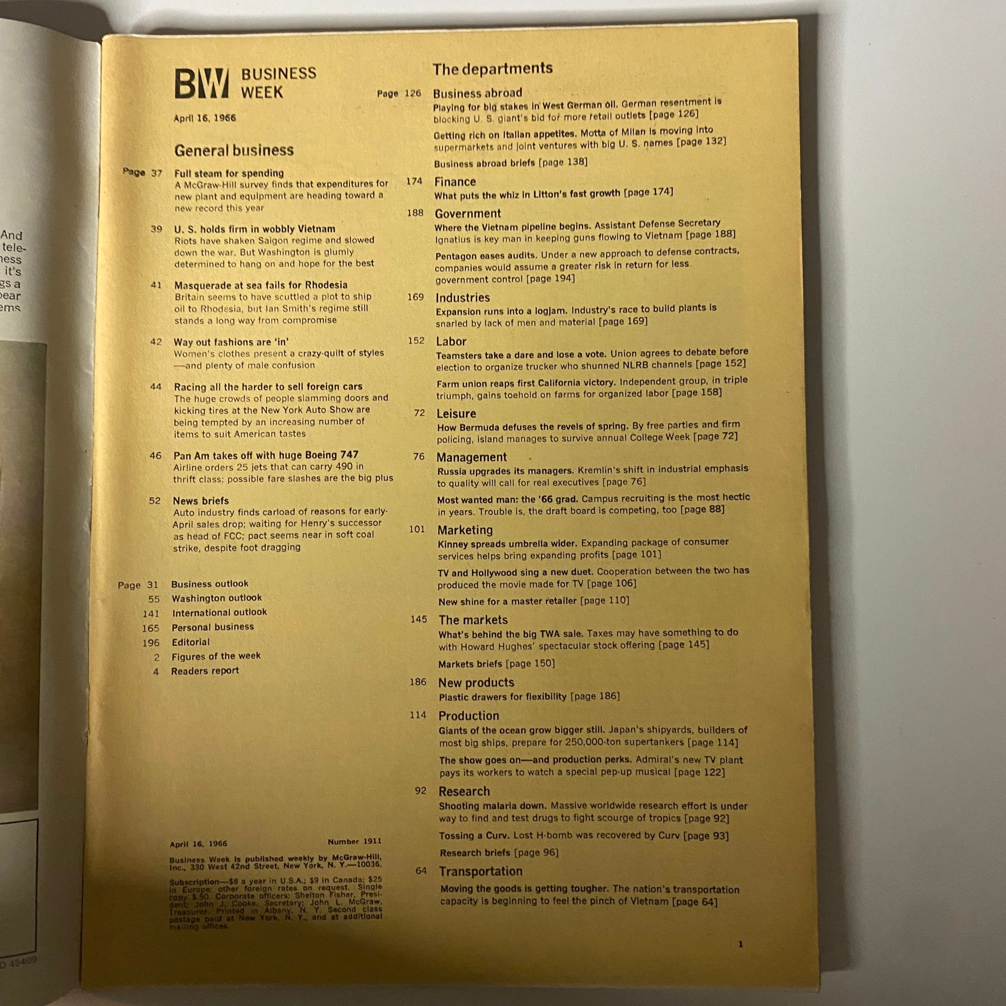 Businessweek Magazine April 16, 1966 Charles Thornton and Roy Ash VG